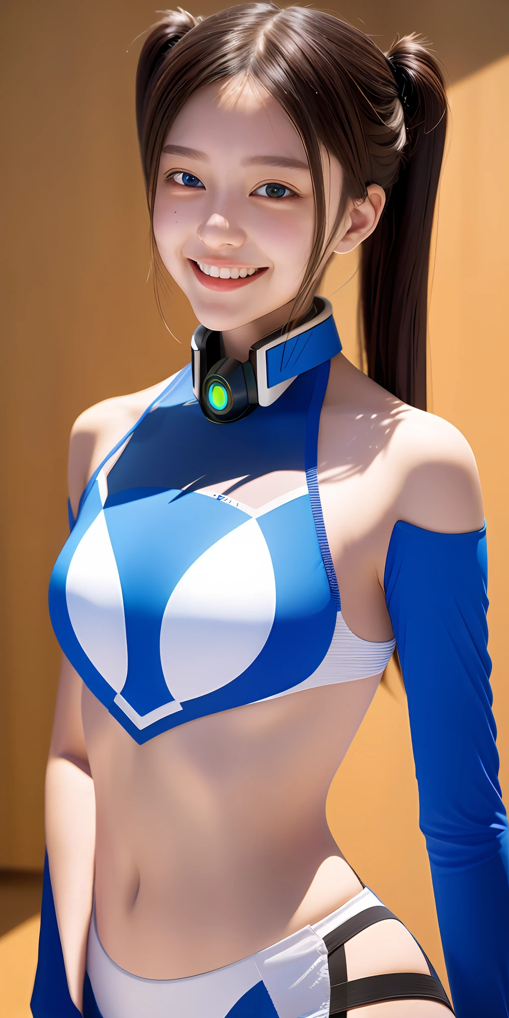Images that show the beauty of artificial intelligence, such as symbols and circuits that overlap with an impressive palette of vivid and seductive colors. Showing teeth and smiling, twintails, 17 years old
