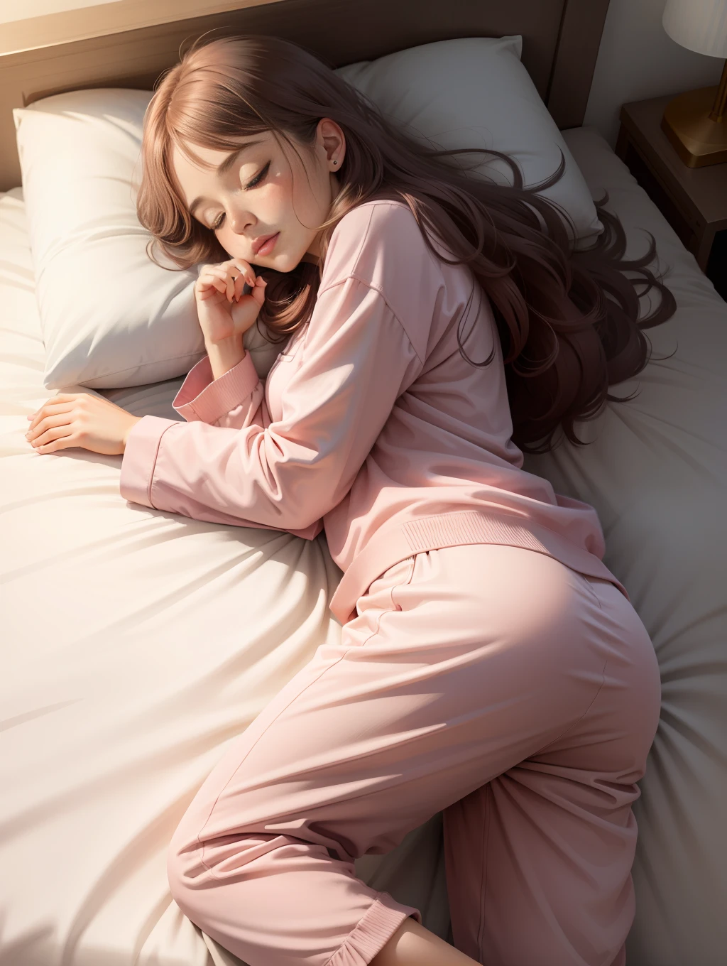 Sleeping girl, 22 years old, realistic, she is wearing long pants, she is wearing pink pajama, brown hair.