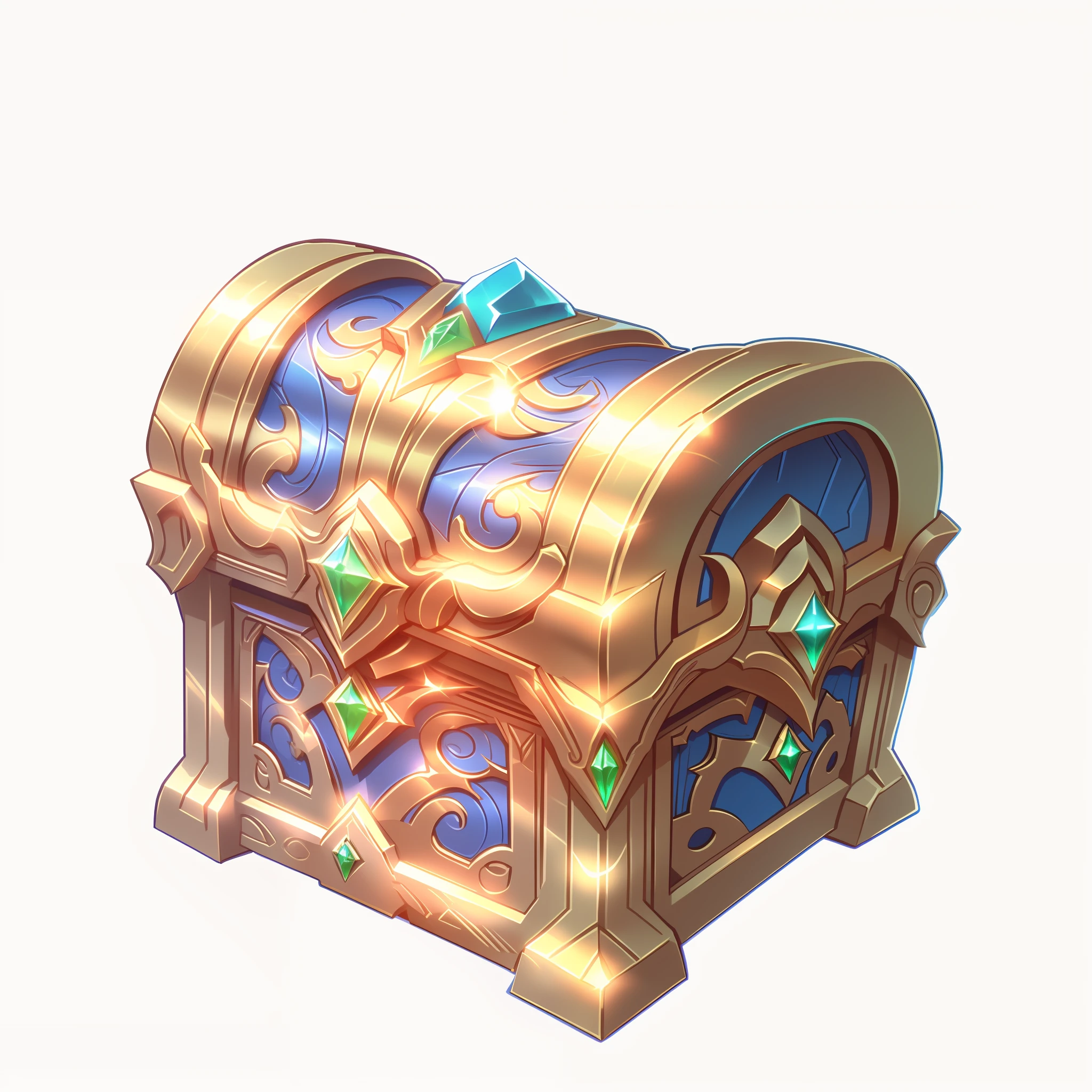 The treasure chest, icon, well-structured, gold and blue chest with a green diamond on top and a gold and blue design on top