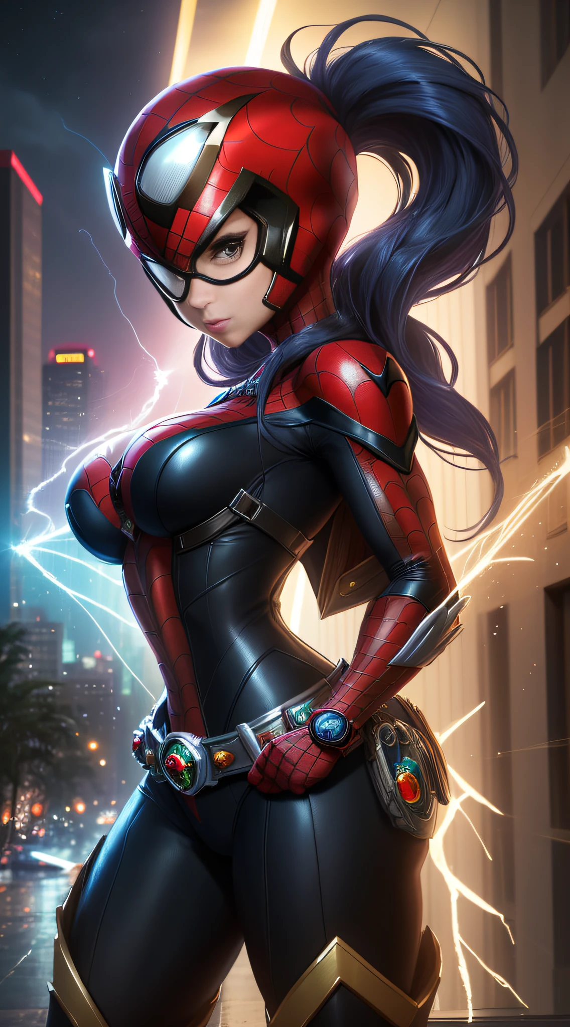 Image with full resolution/quality/sharpness/body within the dimensions of the image, Unreal Engine 5/Power Rangers/Tokusatsu/Mortal Kombat/Super Metroid, Cartoon/Disney/Dragon ball/Style, ((1/Woman/big breasts1/helmet/belt/Mega Man-X/Kamen Rider/Spiderman)), mohawk long hair, looking at the viewer, pose, City at night shower strongly.