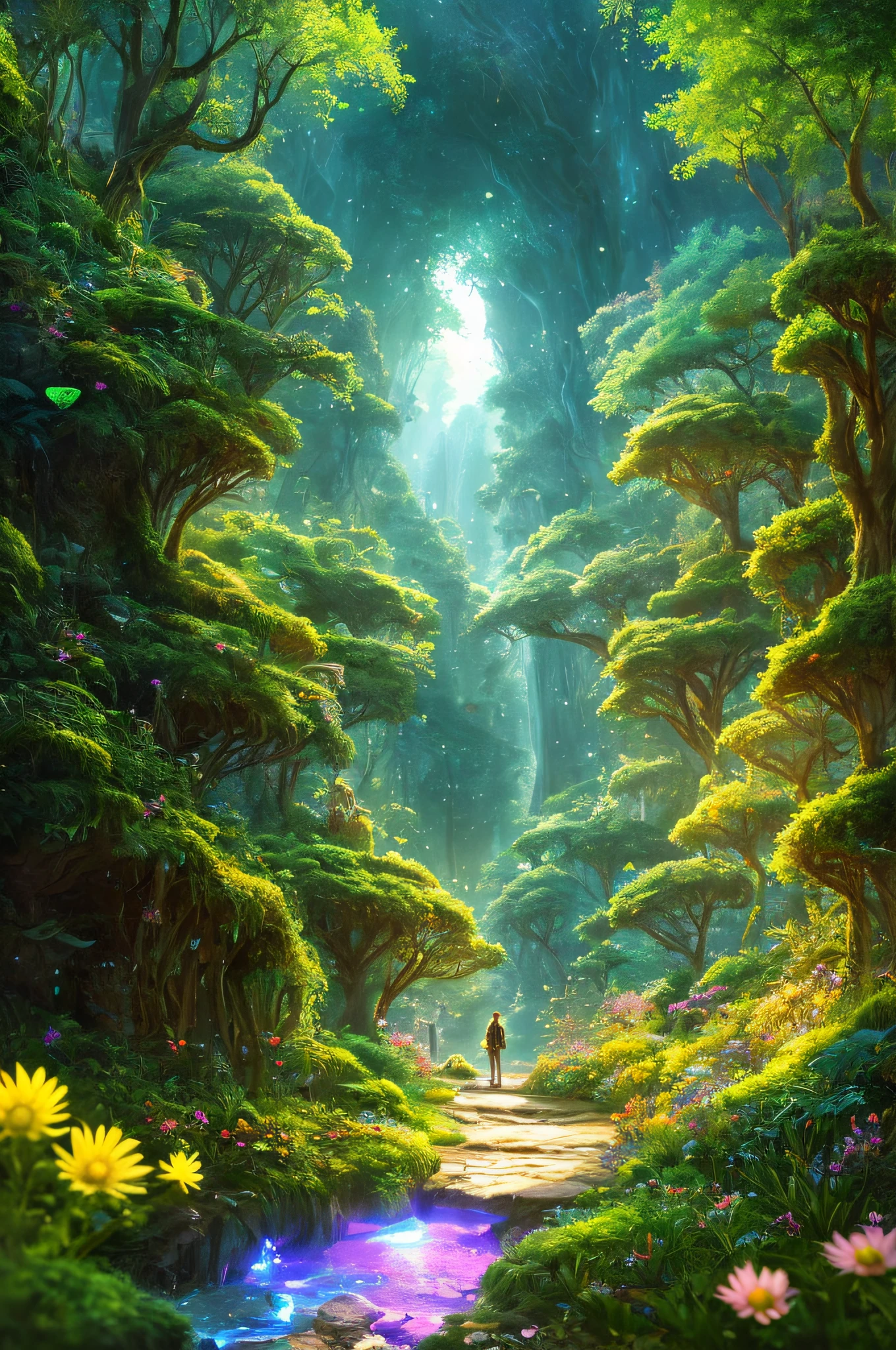 Girl explorer and robot boy traveling through a valley in a giant hole, facing forward, snake monster behind them, green, blue sky, dappled sunlight, fantasy,ancient ruins, abandoned surrounded by greenery, Sunlight, aster pieces, top quality, high quality, highly detailed CG Unity 8k wallpapers, enchanting and dreamy scenes of fantasy forest, towering trees, holes, hidden fairy glow, creating a sense of mystery and enchantment, art station, intricate and trending award-winning photos, bokeh, depth of field, HDR, bloom, chromatic aberration, photorealistic, highly detailed, Art Station Trends, CGsociety Trends, Art by Complex, High Detail, Dramatic, Mid-Journey