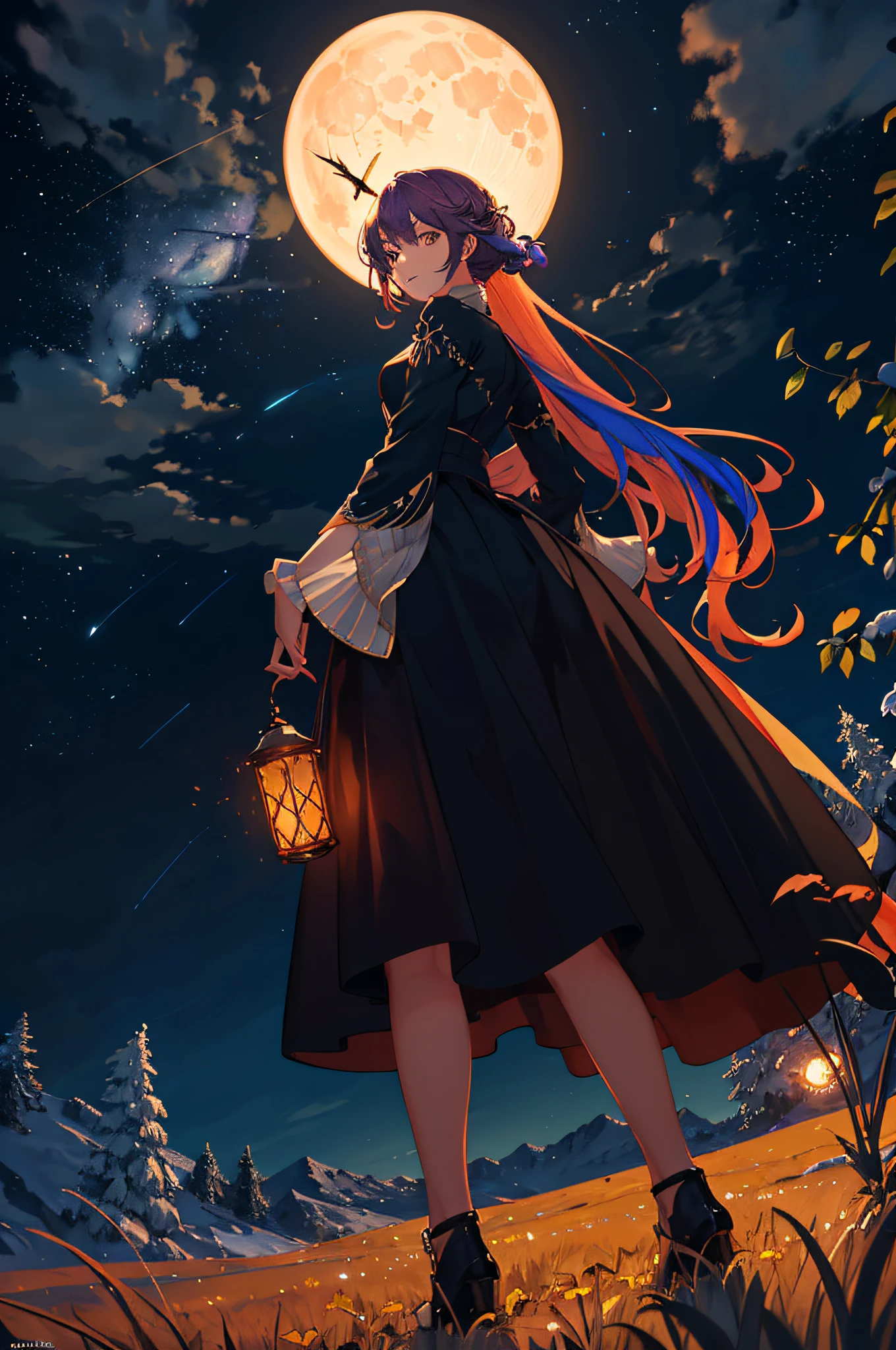 A wide landscape photo, (viewed from below, the sky is above, and the open field is below), a girl standing on a flower field looking up, (full moon: 1.2), (meteor: 0.9), (nebula: 1.3), distant mountains , Trees BREAK Crafting Art, (Warm Light: 1.2), (Firefly: 1.2), Lights, Lots of Purple and Orange, Intricate Details, Volumetric Lighting BREAK (Masterpiece: 1.2), (Best Quality), 4k, Ultra Detailed, (Dynamic Composition: 1.4), Rich in Detail and Color, (Rainbow Color: 1.2), (Glow, Atmospheric Lighting), Dreamy, Magical, (Solo: 1.2)