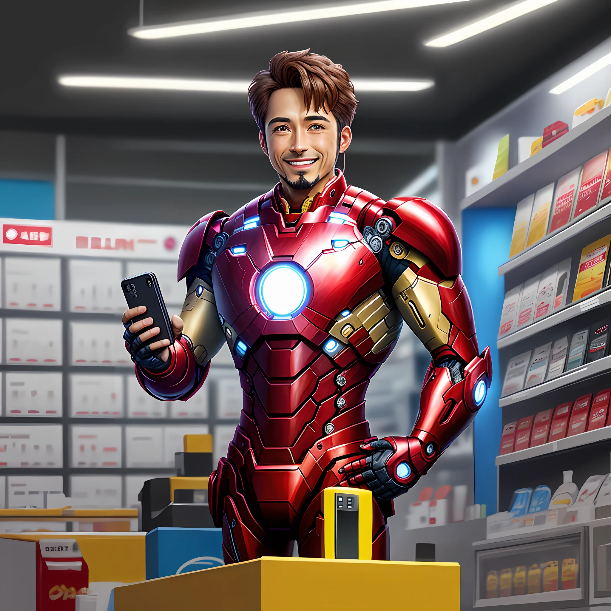 iron man,selling mobile phone materials(ear phone,power bank,adapter),in mobile shop,smiling,fix body,8k