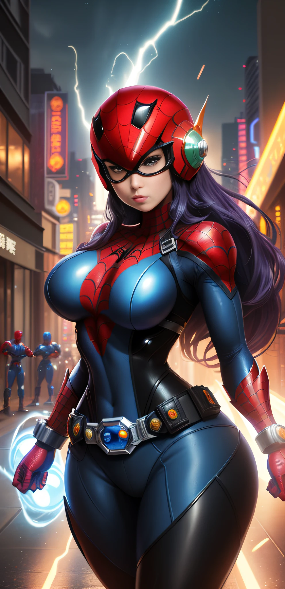 Image with full resolution/quality/sharpness/body within the dimensions of the image, Unreal Engine 5/Power Rangers/Tokusatsu/Mortal Kombat/Super Metroid, Cartoon/Disney/Dragon ball/Style, ((1/Woman/big breasts1/helmet/belt/Mega Man-X/Kamen Rider/Spiderman)), mohawk long hair, looking at the viewer, pose, City at night shower strongly.