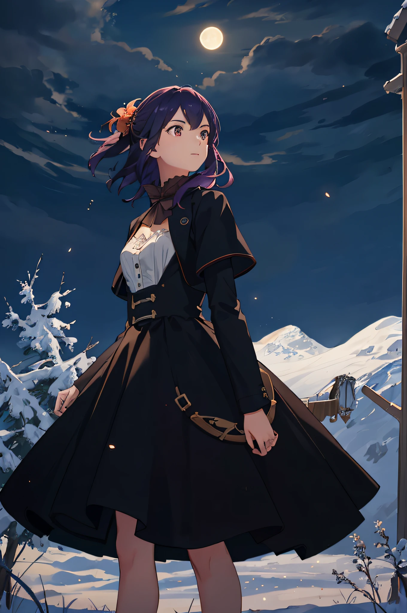 A wide landscape photo, (viewed from below, the sky is above, and the open field is below), a girl standing on a flower field looking up, (full moon: 1.2), (meteor: 0.9), (nebula: 1.3), distant mountains , Trees BREAK Crafting Art, (Warm Light: 1.2), (Firefly: 1.2), Lights, Lots of Purple and Orange, Intricate Details, Volumetric Lighting BREAK (Masterpiece: 1.2), (Best Quality), 4k, Ultra Detailed, (Dynamic Composition: 1.4), Rich in Detail and Color, (Rainbow Color: 1.2), (Glow, Atmospheric Lighting), Dreamy, Magical, (Solo: 1.2)