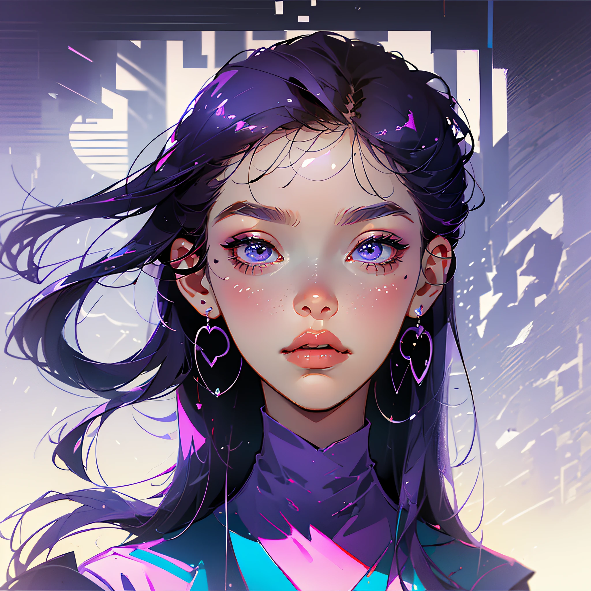 Emoticon pack, A fashion girl, whait hair, front view, Wearing large earrings, Looking at the audience, Close-up of face, Portrait, The upper body of the character, geometric shapes, minimalistic, minimalistic, Line illustration, Purple background, Ratio: 1:2 --auto --s2