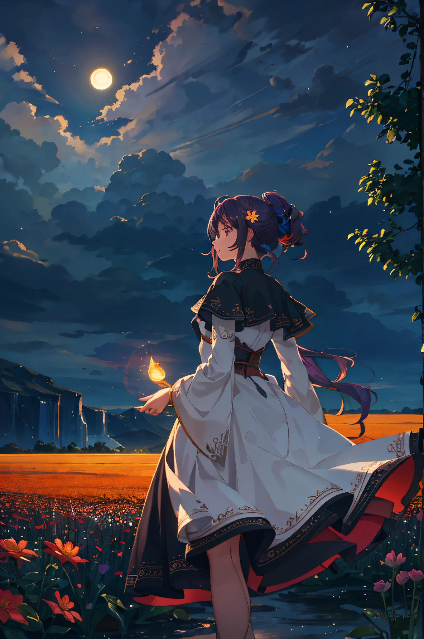 A wide landscape photo, (viewed from below, the sky is above, and the open field is below), a girl standing on a flower field looking up, (full moon: 1.2), (meteor: 0.9), (nebula: 1.3), distant mountains , Trees BREAK Crafting Art, (Warm Light: 1.2), (Firefly: 1.2), Lights, Lots of Purple and Orange, Intricate Details, Volumetric Lighting BREAK (Masterpiece: 1.2), (Best Quality), 4k, Ultra Detailed, (Dynamic Composition: 1.4), Rich in Detail and Color, (Rainbow Color: 1.2), (Glow, Atmospheric Lighting), Dreamy, Magical, (Solo: 1.2)
