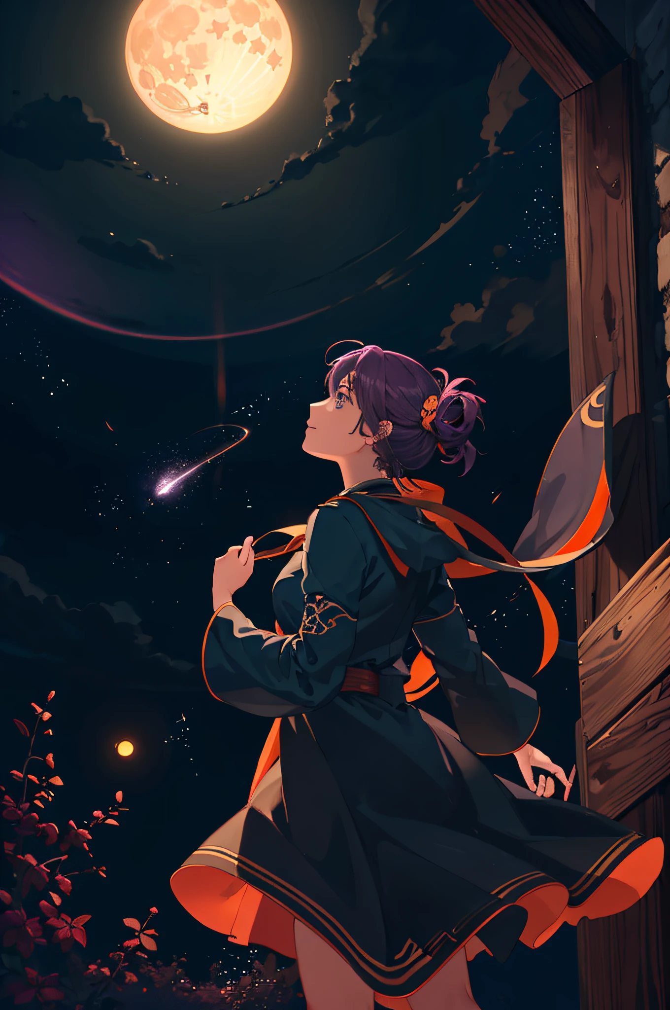 A wide landscape photo, (viewed from below, the sky is above, and the open field is below), a girl standing on a flower field looking up, (full moon: 1.2), (meteor: 0.9), (nebula: 1.3), distant mountains , Trees BREAK Crafting Art, (Warm Light: 1.2), (Firefly: 1.2), Lights, Lots of Purple and Orange, Intricate Details, Volumetric Lighting BREAK (Masterpiece: 1.2), (Best Quality), 4k, Ultra Detailed, (Dynamic Composition: 1.4), Rich in Detail and Color, (Rainbow Color: 1.2), (Glow, Atmospheric Lighting), Dreamy, Magical, (Solo: 1.2)