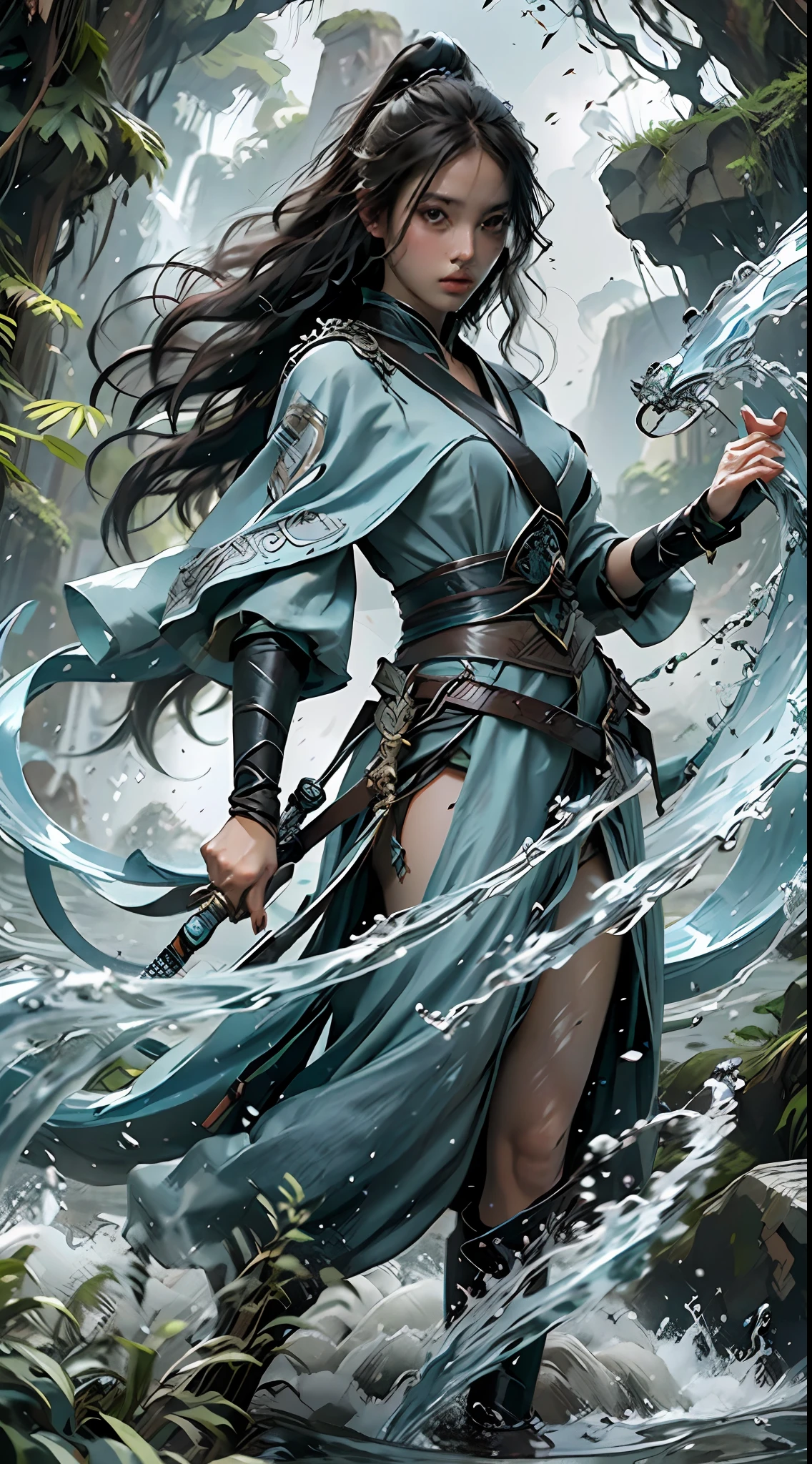Best quality, masterpiece, super high resolution, jade water tree, 1 girl, solo, brunette hair, water, waves, lips, full body, clear facial features, sword, 16k
