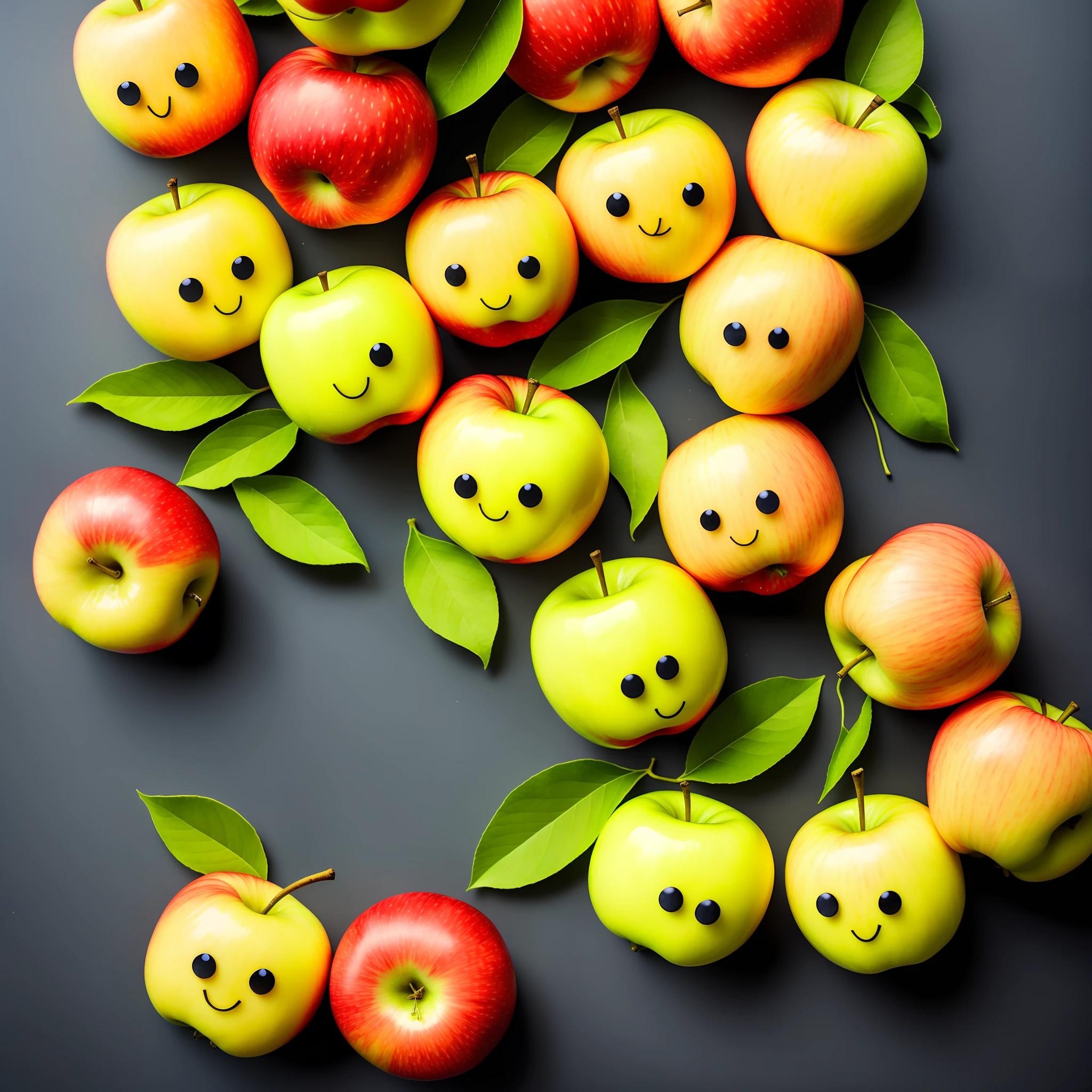 Apples with faces, cute, smiley, 5 apples, modern, bright colors, various colors of apples, apples with leaves