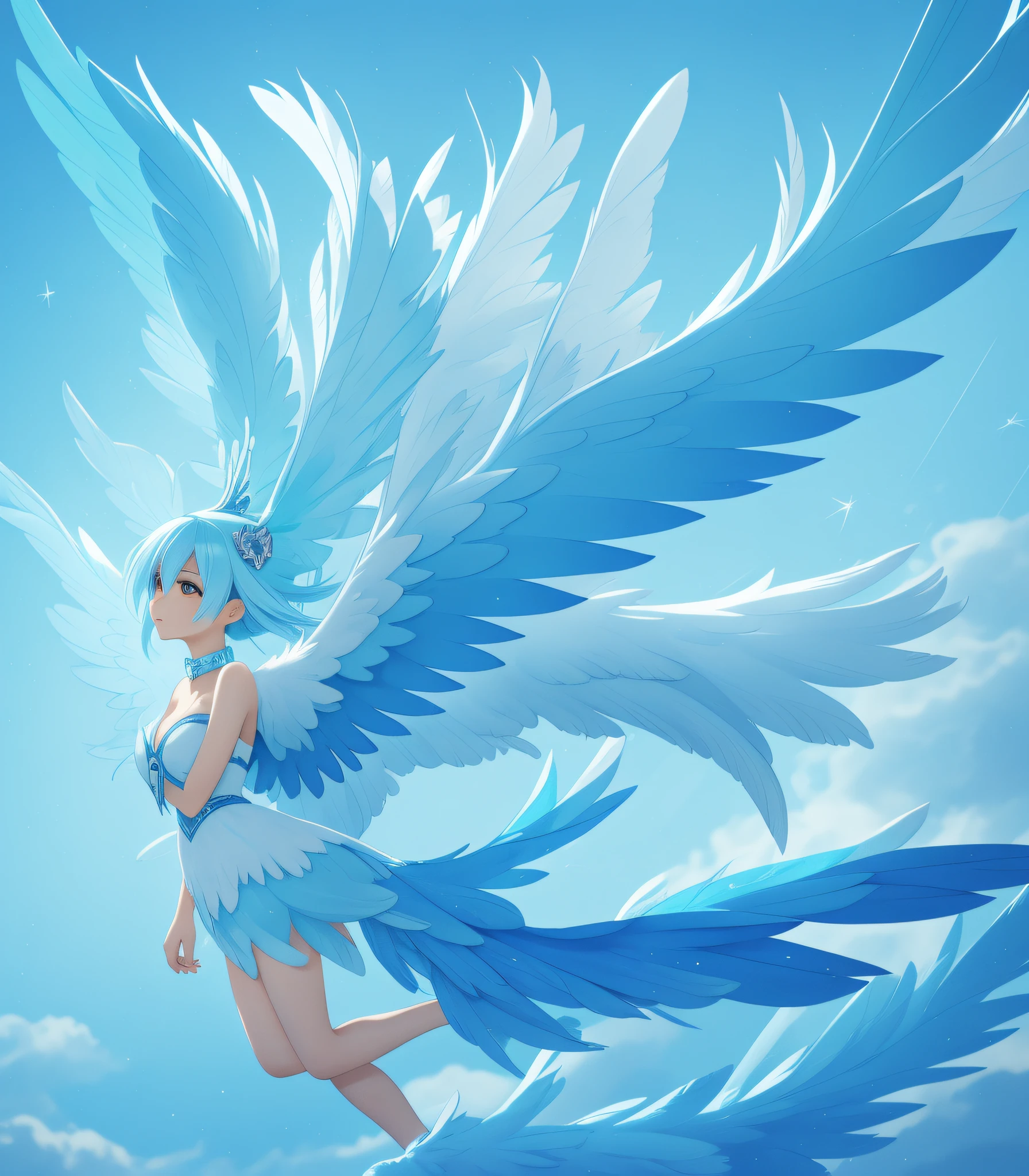 Ice Phoenix, (monster girl), sky-blue feathers, sky blue wings, vivid blue feathered crest, ice-blue neck fluff, ice-blue silky hair, vivid blue long feathred tail, flying in a icestorm, masterpiece, best quality