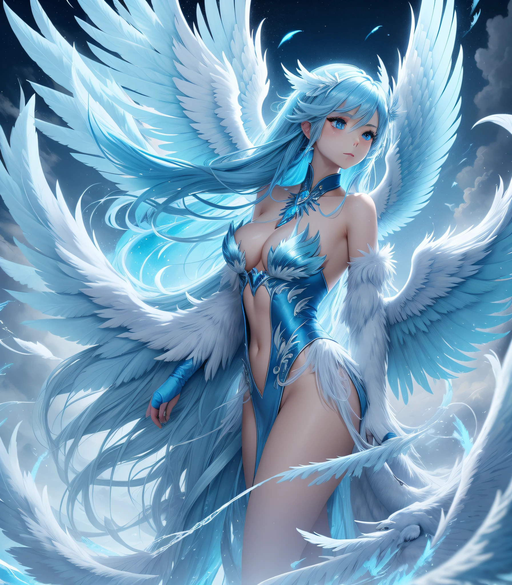 Ice Phoenix, (monster girl), sky-blue feathers, sky blue wings, vivid blue feathered crest, ice-blue neck fluff, ice-blue silky hair, vivid blue long feathred tail, flying in a icestorm, masterpiece, best quality