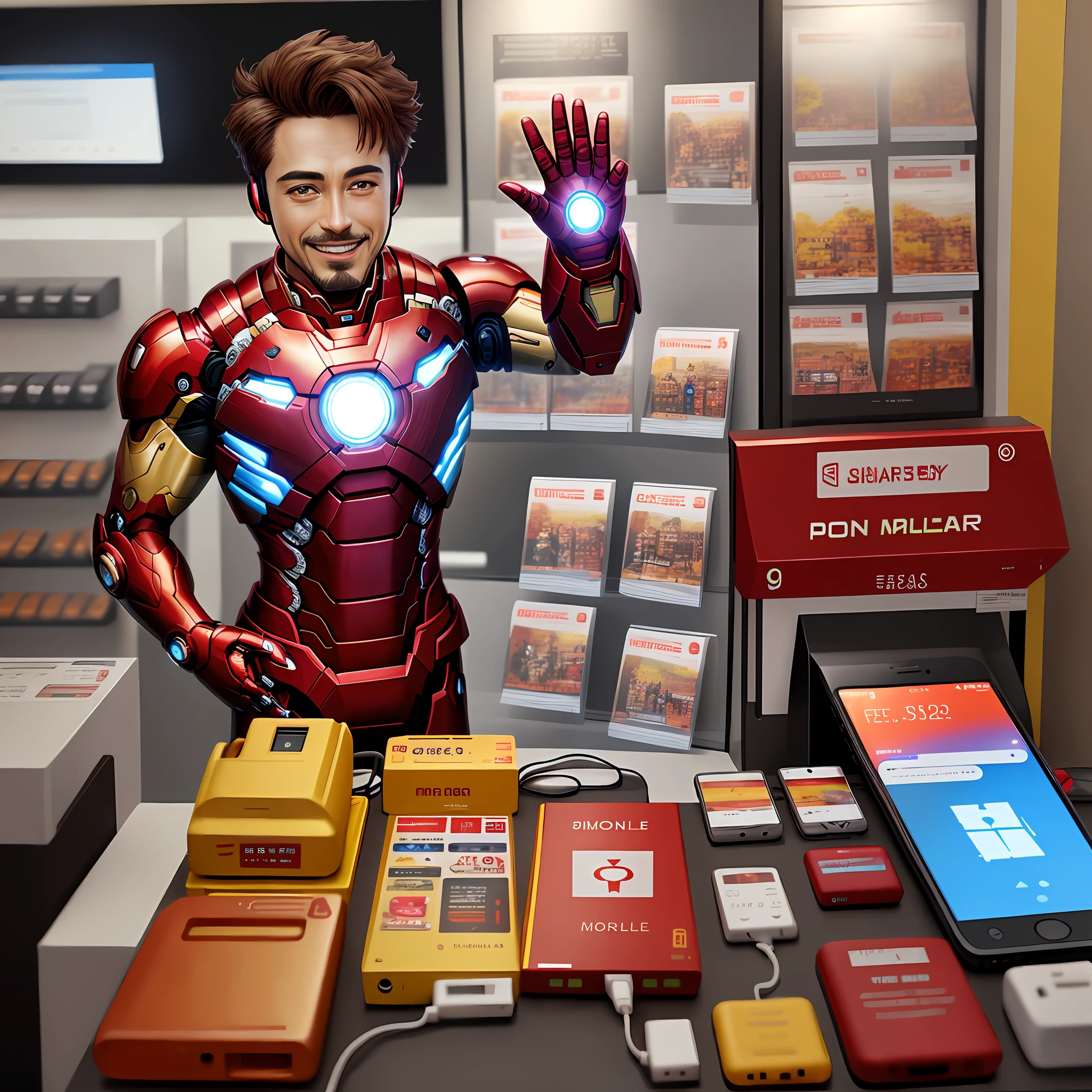 iron man,selling mobile phone materials(ear phone,power bank,adapter),in mobile shop,smiling,8k