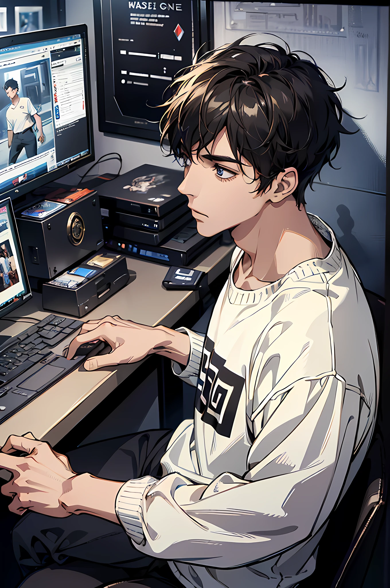 (absurdres, highres, ultra detailed), masterpiece, best quality, 1man, solo, handsome, short hair, casual clothes, playing computer game, in front computer, playing game, background is dark computer room, game room, dimly,