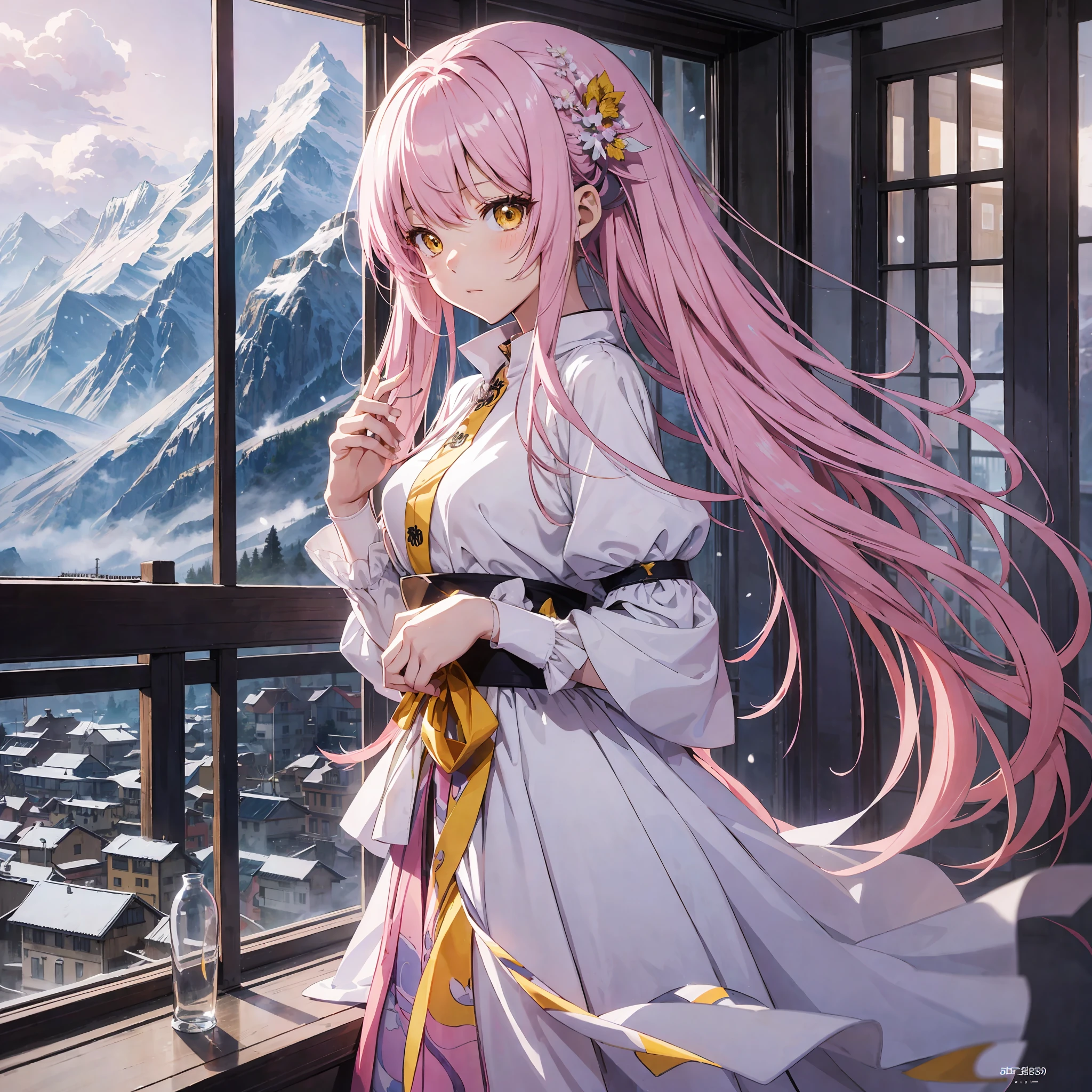 ((anime style)), (manga), (Oh! Great), (Wlop), (best quality), (masterpiece), (best artist), (best landscape), (best performance), (best lighting ), (best drawing), (1girl) with long pink hair, wearing white fluffy dress, yellow eyes, landscape of snowy mountains, dark lighting, dim--style counterfeitv2-5 --auto --s2