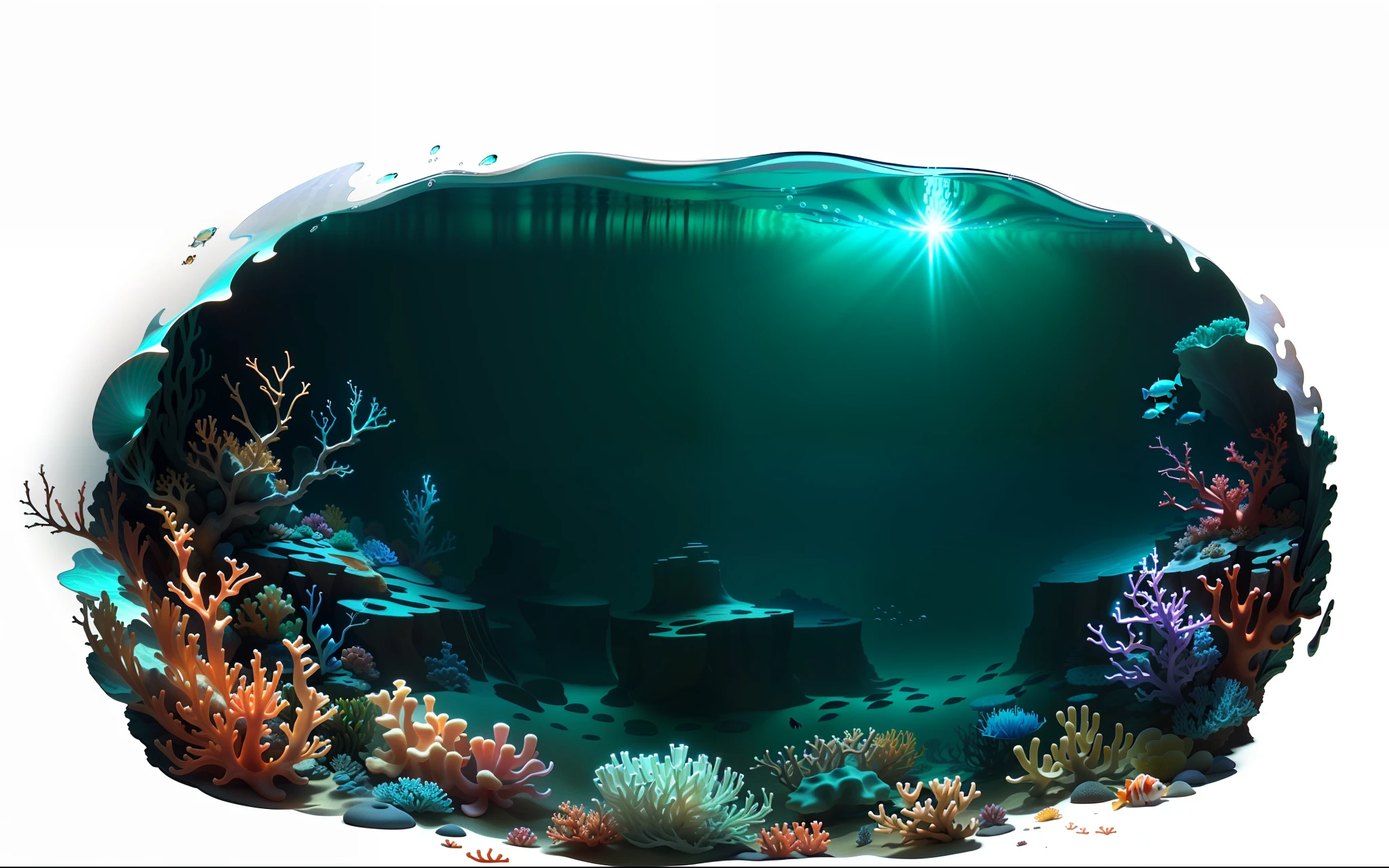 Masterpiece, best quality, best reflections. (Very detailed CG unity 8k wallpaper), (best quality), (best illustration), (best shadows), underwater world with natural elements. Floating kelp, colorful corals, bubbles, colorful fish swimming, sea sand ground, cute hermit crabs, (natural elements), (marine theme), (coral), (sand), (bubbles), (delicate coral), (glow), (particle effect). , isometric 3D, Octane rendering, ray tracing, super detailed