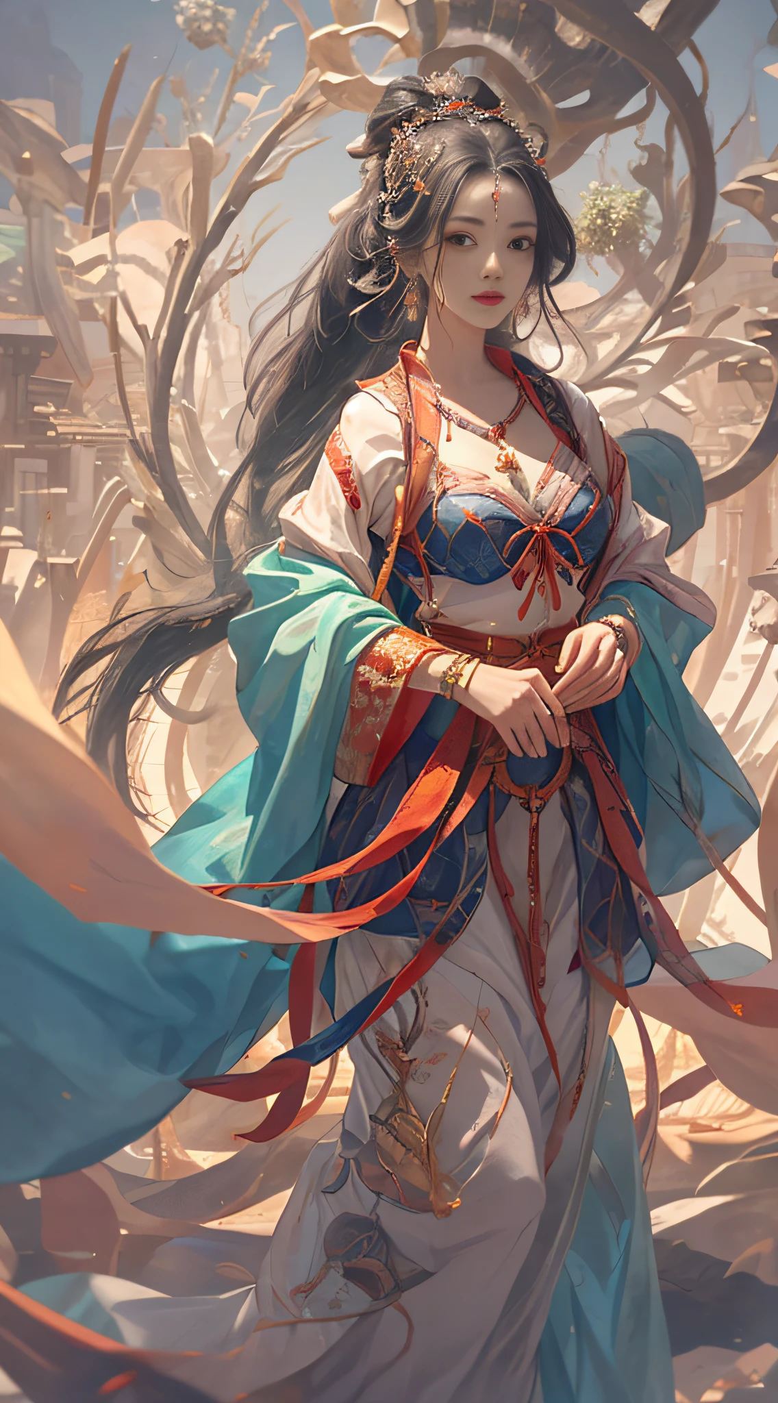 Very detailed photos of women, Lola Daisy, Hanfu, silk, gun in hand, main view, full body, 8k uhd, RAW photography, model shoot, cute, close-up, Tradition Chinese Ink Painting style, silk, Hanfu, Embroidered, Chinese costume, Front view, Full body shot