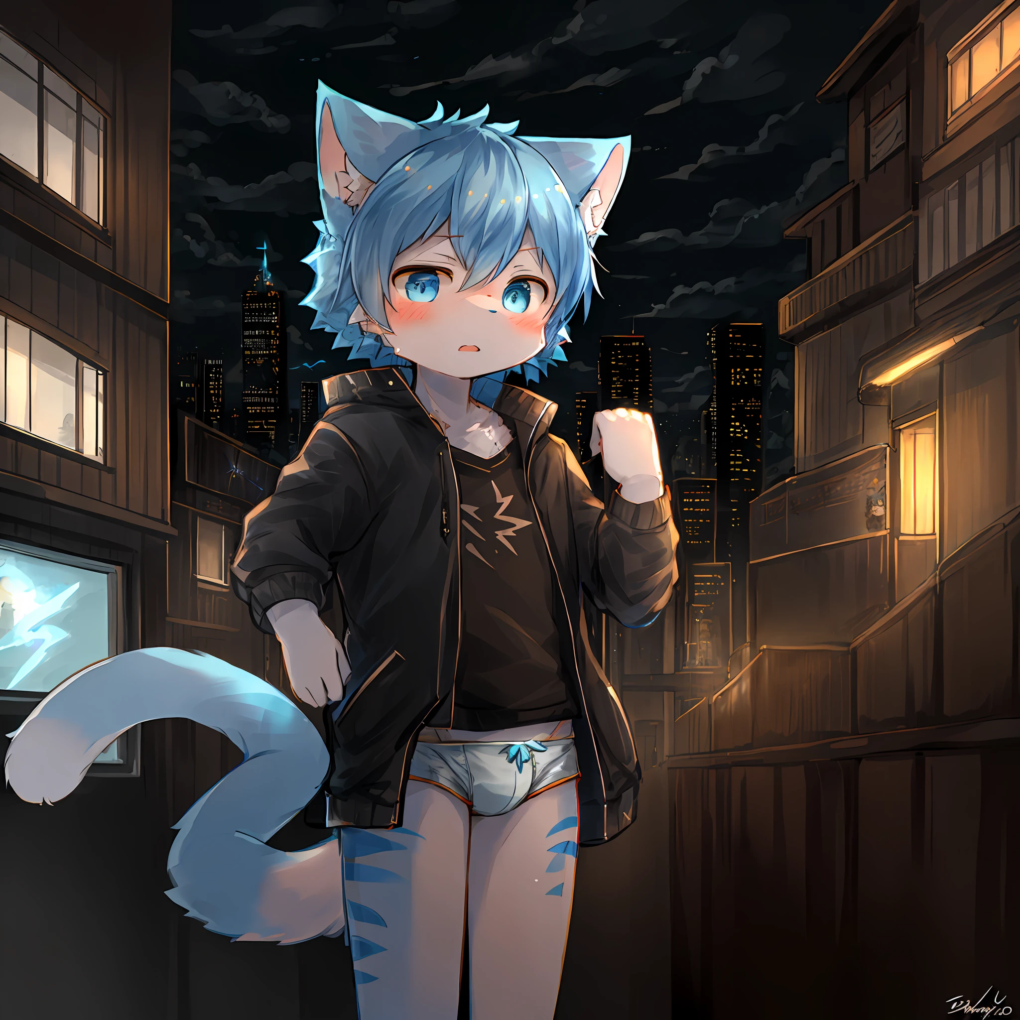 zackary911, by majmajor, by syuro, by dagasi, by wolfwithwing, by hanuvo, by tabhead, by zinfyu, by seraziel, (by dagasi: 1.1), break, masterpiece, high resolution, 8k, detailed background, high quality, break, ( (blue cat, kitten, blue fur, cat tail, Fluffy, delicate fur)) fur, BREAK, modern city, tall buildings, dark clouds, lightning, BREAK, , male, thunder, Fundoshi, anger, lightning in the eyes, discharge, jacket, (palm lightning, eye lightning: 1.2)