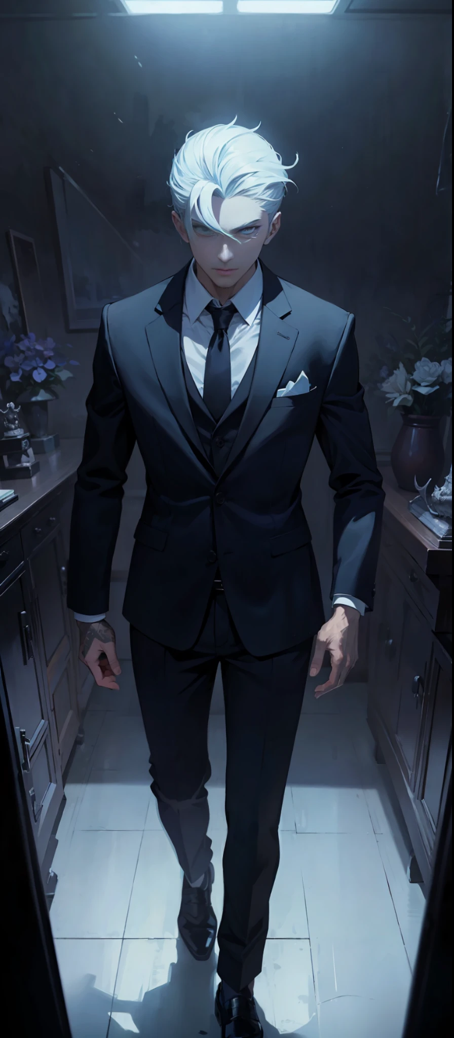 A man dressed up with a suit and in a dark room, in the style of yuumei, manticore, kris knight, red, master of ink, posuka demizu, caffenol developing --s 180 --ar 9:16 --q 5 --niji 5
