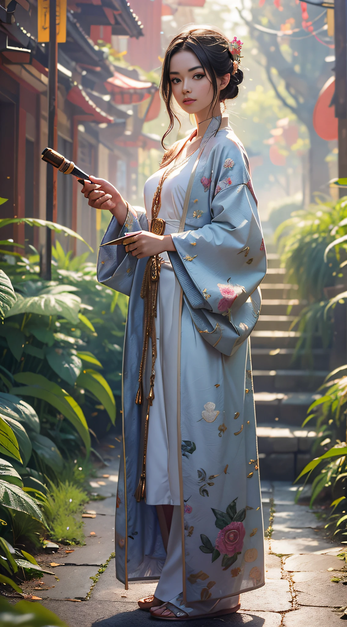 Very detailed photos of women, Lola Daisy, Hanfu, silk, gun in hand, main view, full body, 8k uhd, RAW photography, model shoot, cute, close-up, Tradition Chinese Ink Painting style, silk, Hanfu, Embroidered, Chinese costume, Front view, Full body shot