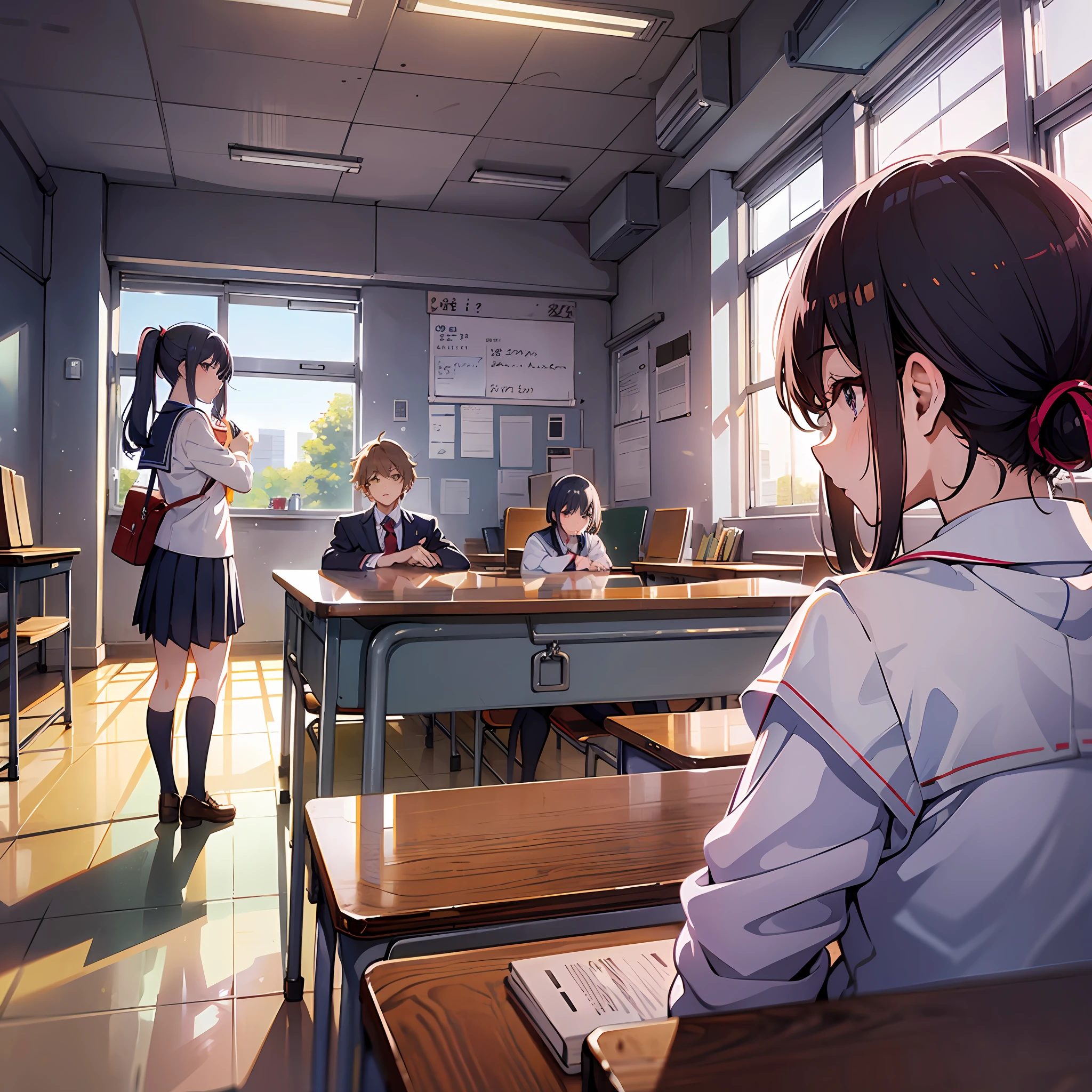 2 male and female classmates, school classroom, school class, typical anime classroom, full theme shown in photo, 1 female teacher, press photo, floor, sunlight through, with close, medium, far view, low saturation, low contrast --auto --s2