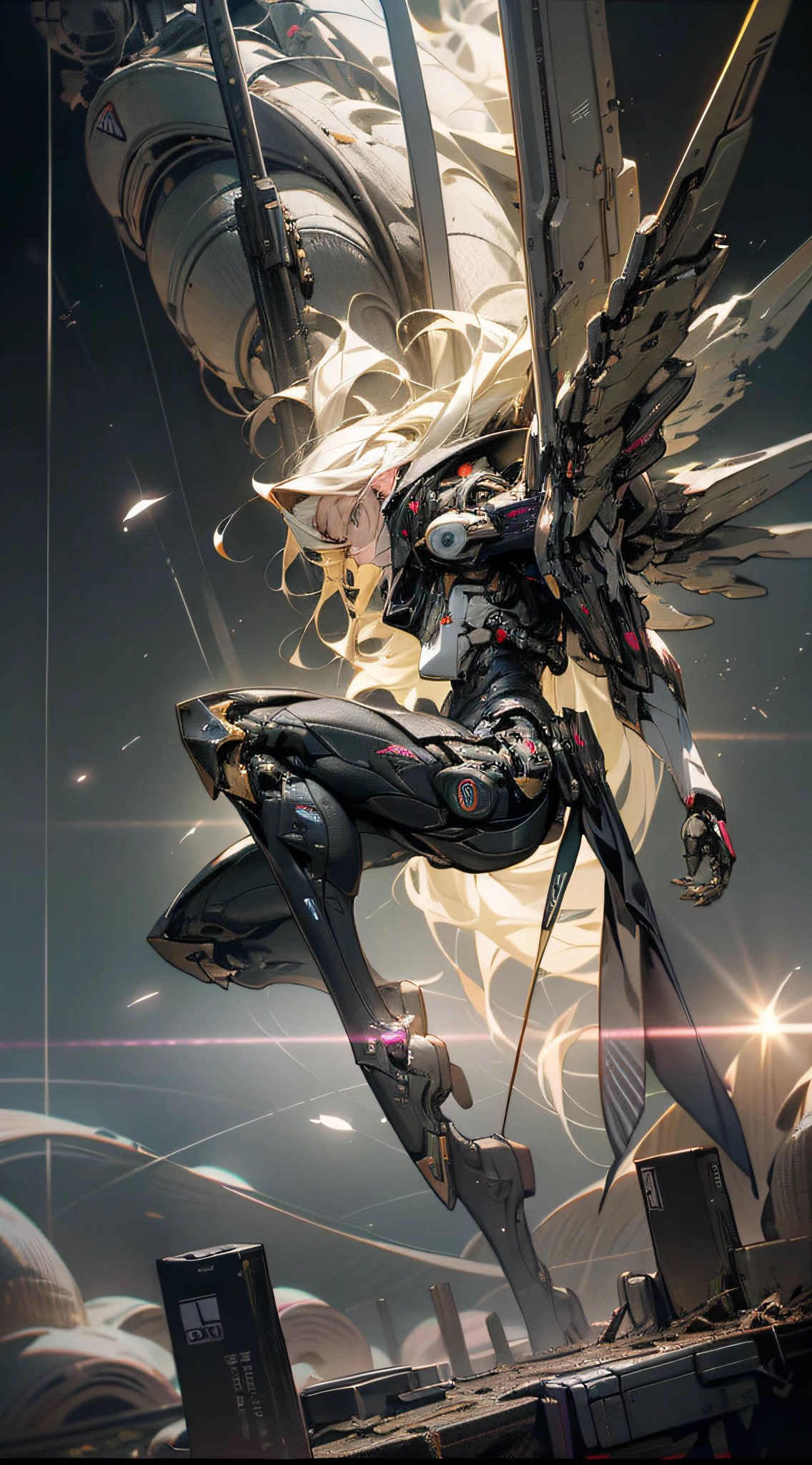 ((Best quality)), ((masterpiece)), (highly detailed:1.3), 3D, Pretty, (cyberpunk:1.2), In Space, Nebula, holding_weapon, (1Female mecha:1.3), facing the audience, golden eyes, long white-blond hair, long silky hair, full body, (flying, diving down, dynamic, Motion Blur: 1.4), (Giant Mech Wings: 1.6), Look Up, glowing_eyes, Mecha, Panorama, Earth, Nebula, Space, Particle, Reality, HDR (High Dynamic Range), Ray Tracing, NVIDIA RTX, Super Resolution, Unreal 5, Subsurface Scattering, PBR Textures, Post-Processing, Anisotropic Filtering, Depth of Field, Maximum Sharpness and Sharpness, Multi-layer Textures, Albedo and Specular Maps, Surface shading, Accurate simulation of light-material interactions, Perfect Proportions, Octane Render, Two-tone illumination, Large aperture, Low ISO, White balance, Rule of Thirds, 8K RAW, High Performance Sub-Pixel, Subpixel Convolution,