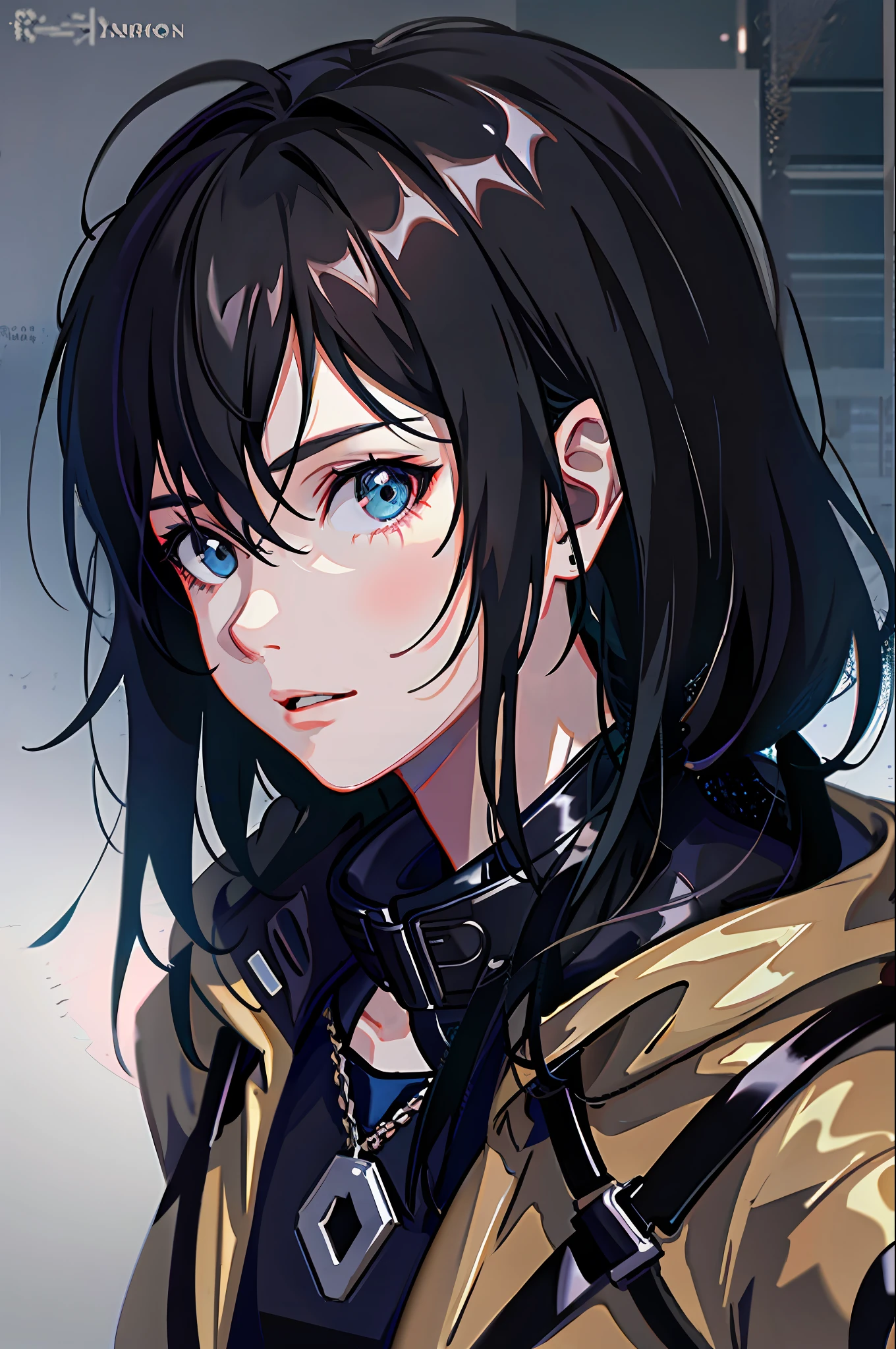 1girl, jacket, rain, outdoor, hoodie, open jacket, chain, backpack, looking at another, messy hair, trending on artstation, 8k resolution, highly detailed, anatomically correct, sharp image, digital painting, concept art, trending on pixiv, style of makoto shinkai,