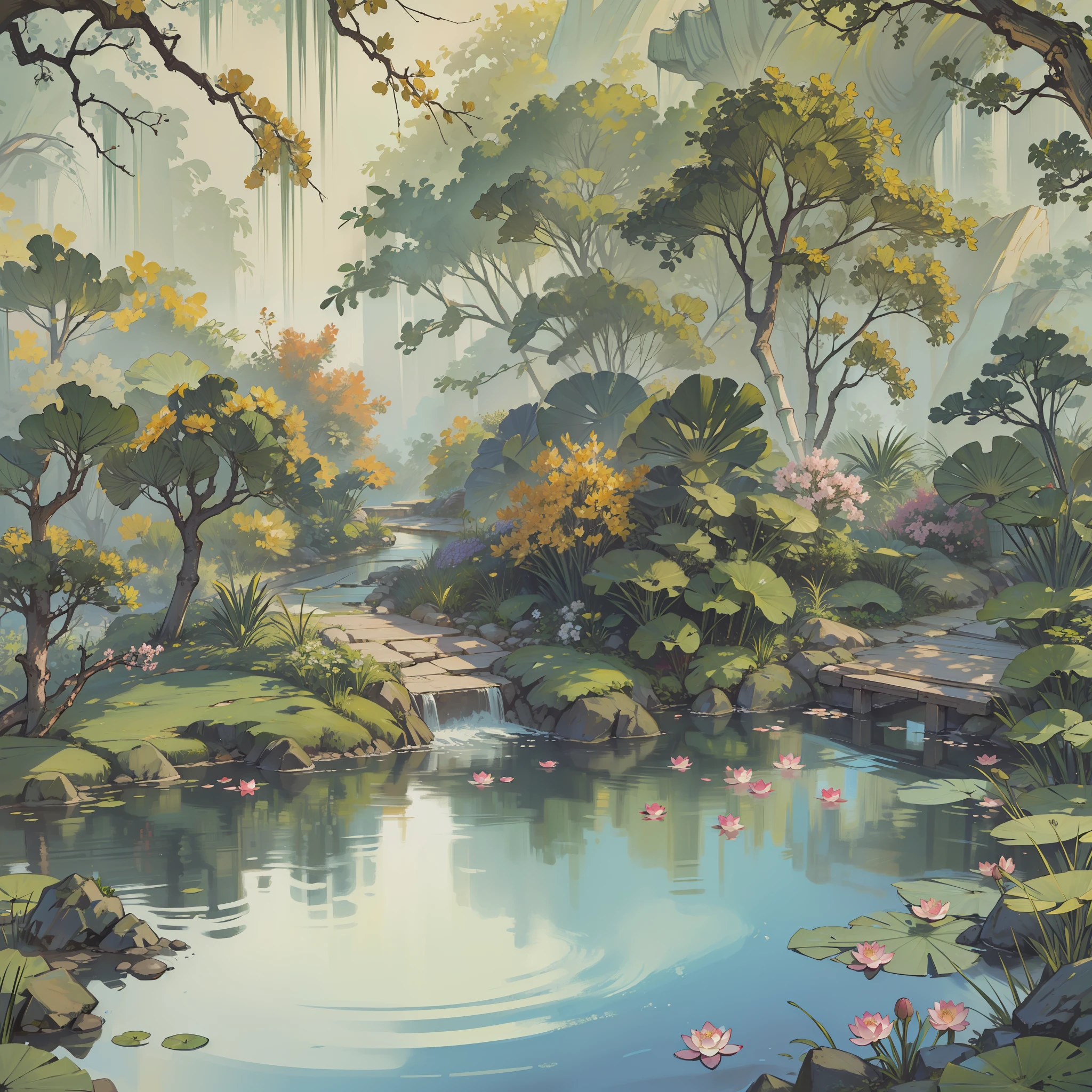 ((Best quality, masterpiece: 1.2)), CG, 8K, intricate details, cinematic perspective, (no one around), (Ancient Chinese garden), pond filled with lotus flowers, rocks, flowers, bamboo forests, waterfalls, wooded areas, small bridges spanning babbling streams, detailed foliage and flowers, (sunlight shining, sparkling waves), peaceful and serene atmosphere, ((soft and elegant colors)), ((exquisitely crafted composition))