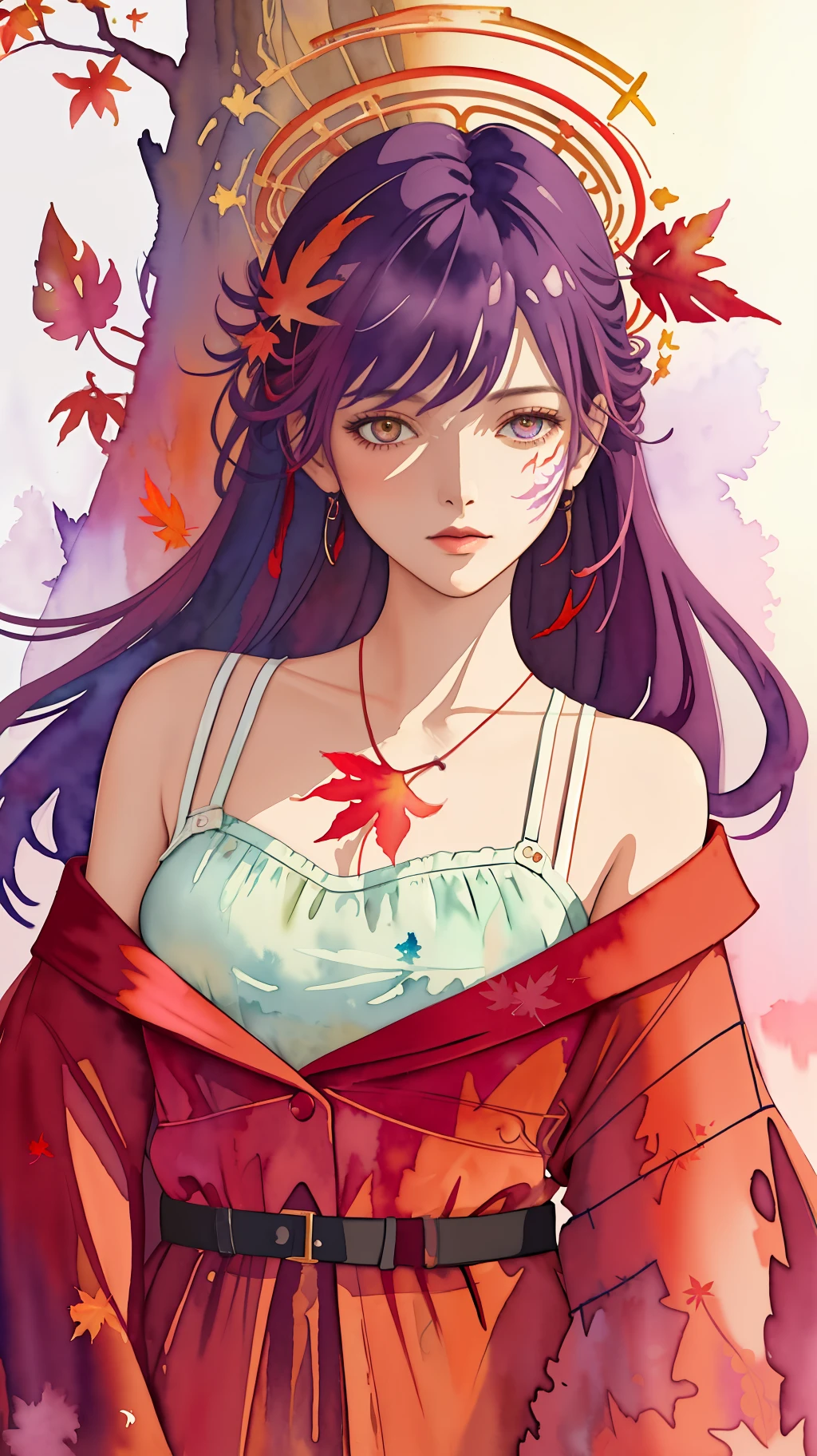 tarot,(masterpiece, best quality:1.4), watercolor art,1girl,upper body,bra,watercolor style,wrtcolor style,watercolor splashes,paint splashes ,upper body,liquid clothes , red coloured tree leaves,purple tree leaves, red and purple theme halo behind head,