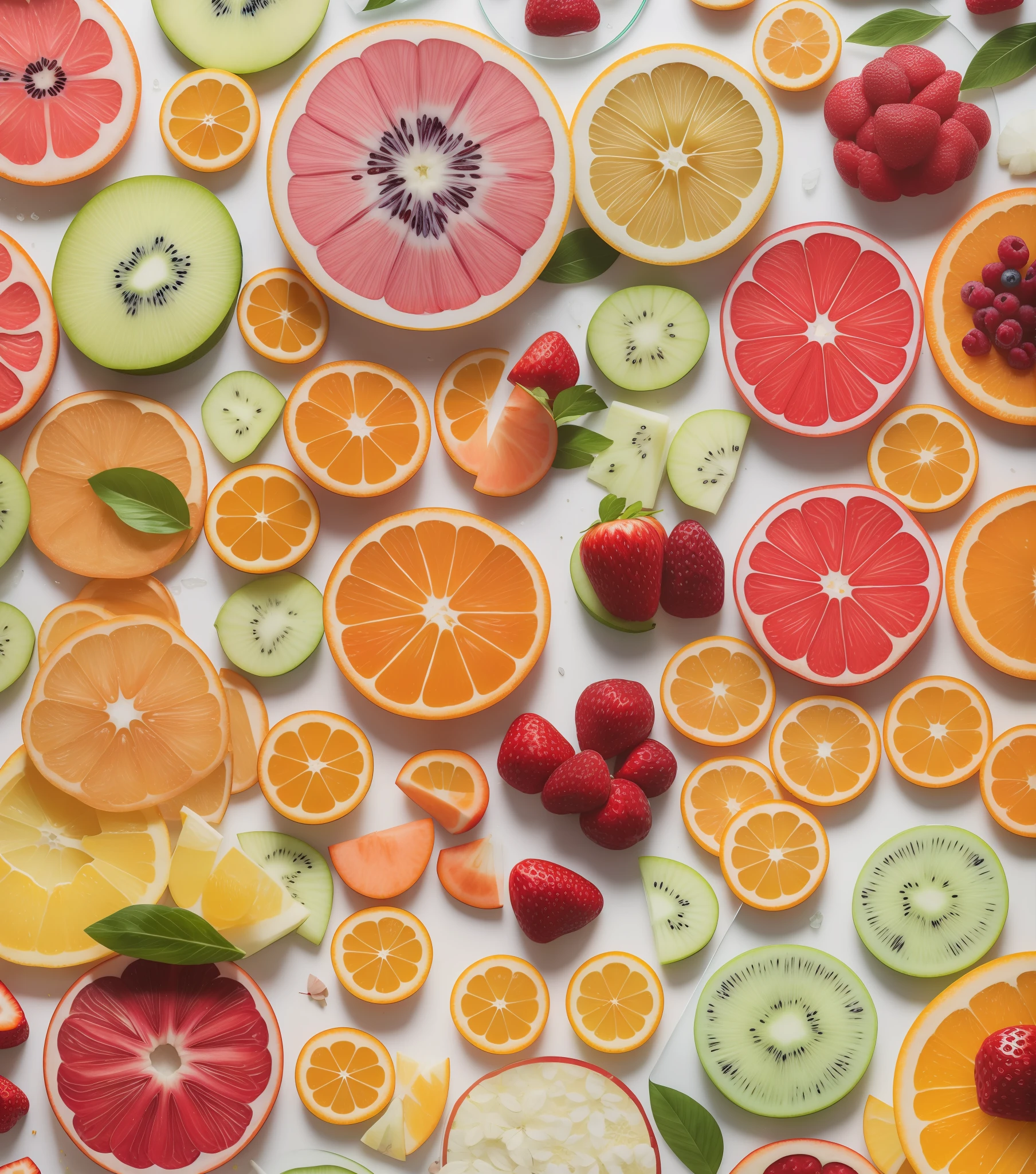 Sliced fruits, flowers, tiled on transparent glass, illustration, artistry, scattered white space, --auto --s2