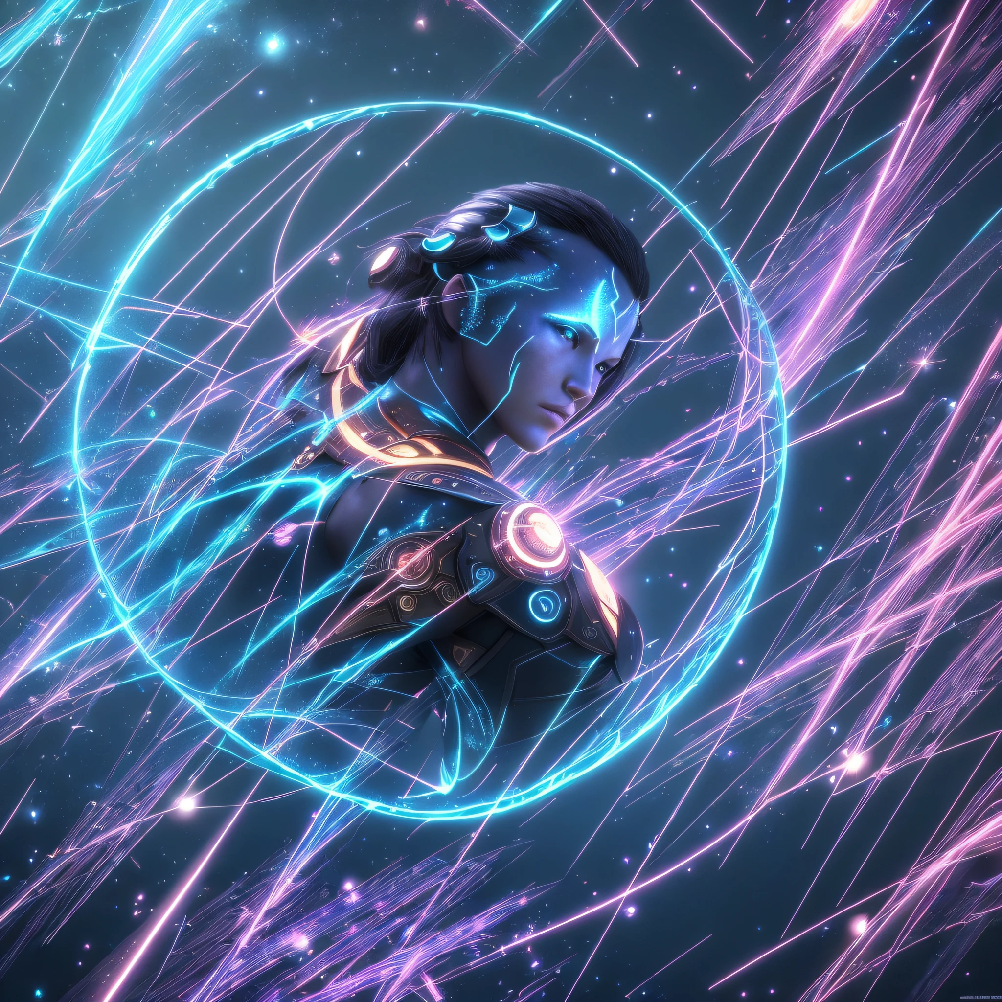 AI Theme, (Avatar), (AIGC), (Masterpiece), (Lightning Glow Reaction), (Stunning Particle Rendering), (Very Detailed CG Unity 8K Wallpaper)