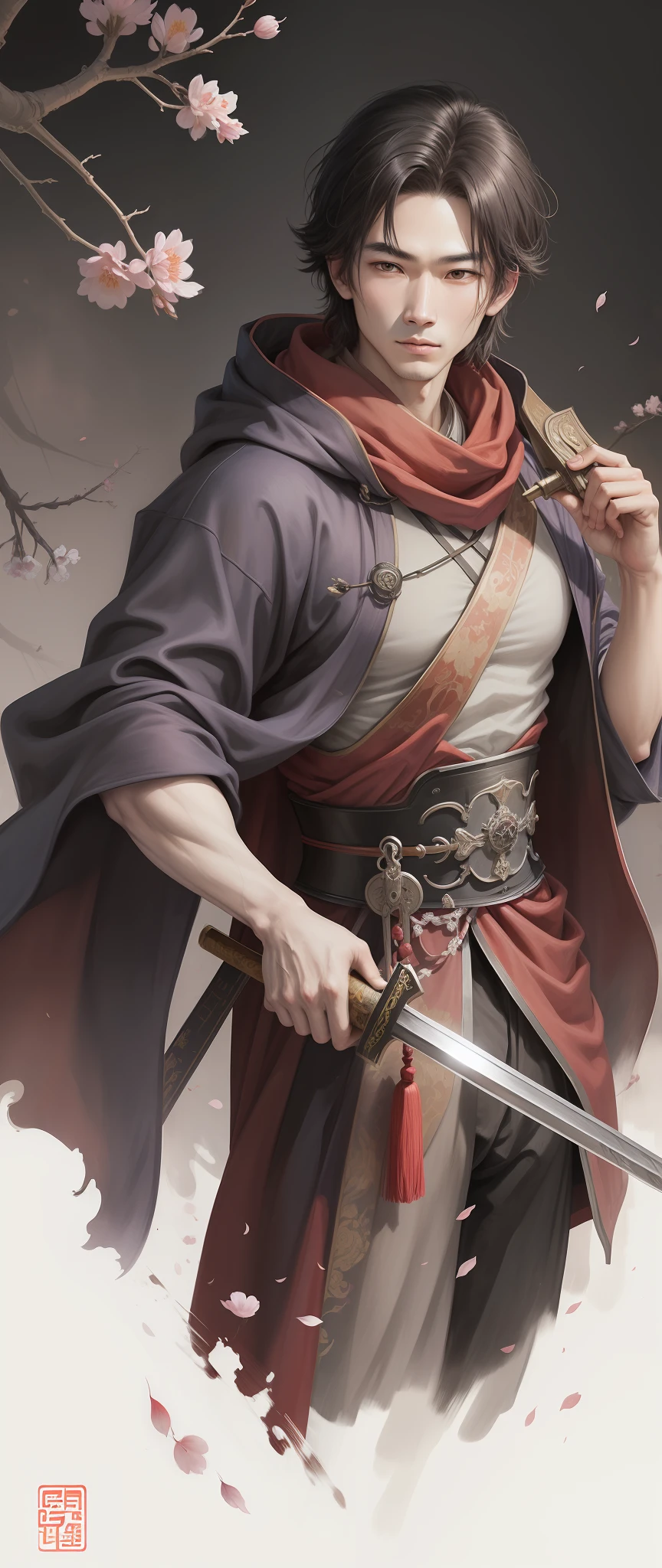 Chinese painting, plum blossom, hero, with a cloak, carrying a sword, man, solo, holding a fan