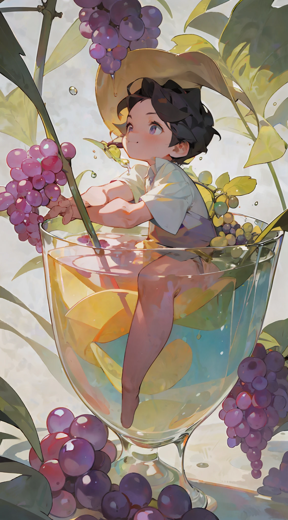 A little boy sits in a glass, happily tasting grapes, cool liquid, sunlight, shade, colorful, purple