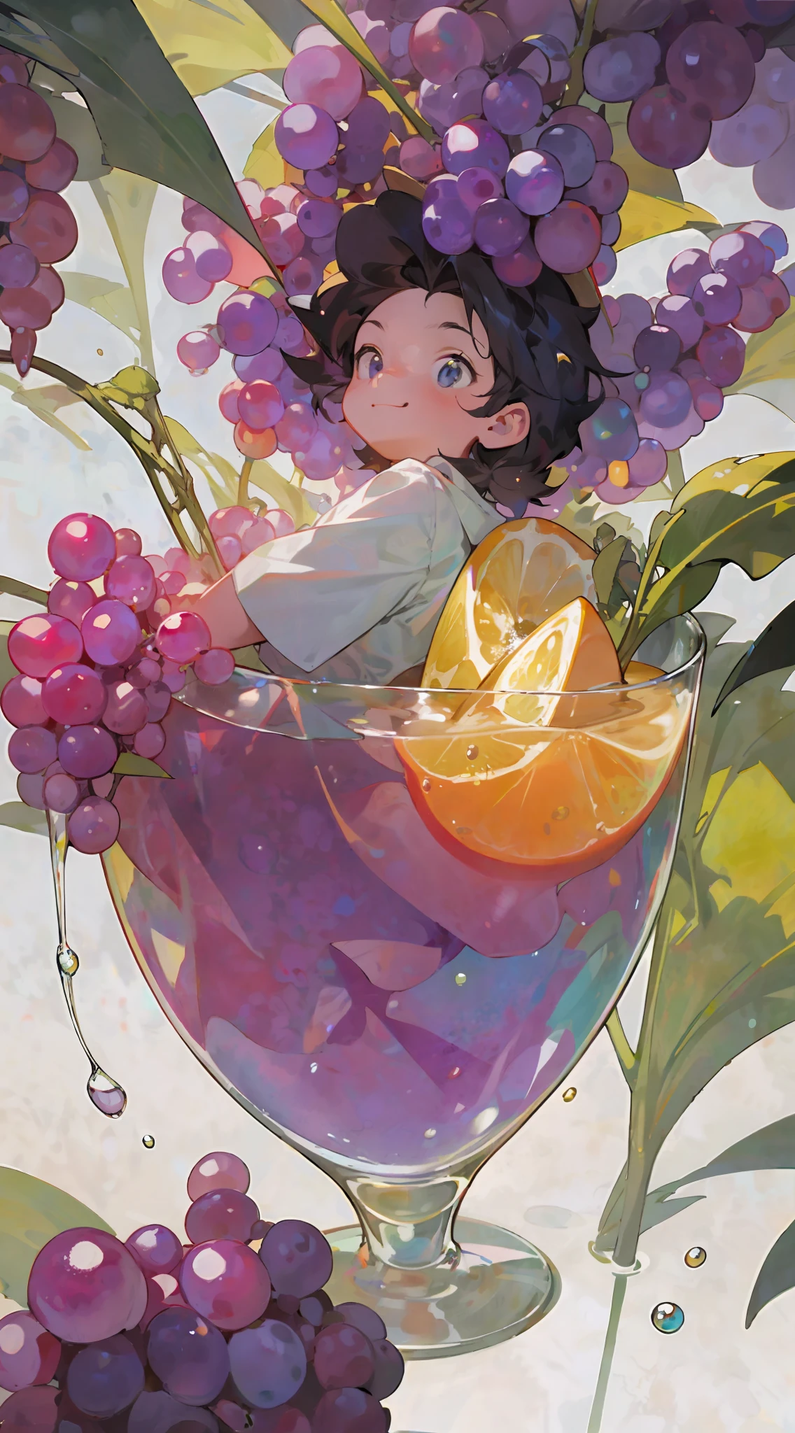A little boy sits in a glass, happily tasting grapes, cool liquid, sunlight, shade, colorful, purple