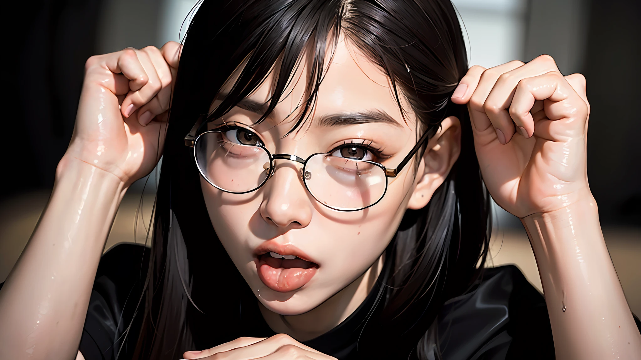 (8K, Best Quality, Masterpiece, Ultra High Definition: 1.2) Asian Woman, Black Hair, Big Eyes, (detailed_face), Round Glasses, Cross-Eyed, Detailed Cleavage View, Tight Black Shirt, Selfie, Big Photos: 1.3, Open Mouth, Tongue Out of Mouth, Sexually Aroused Face, Wet Skin, Blush