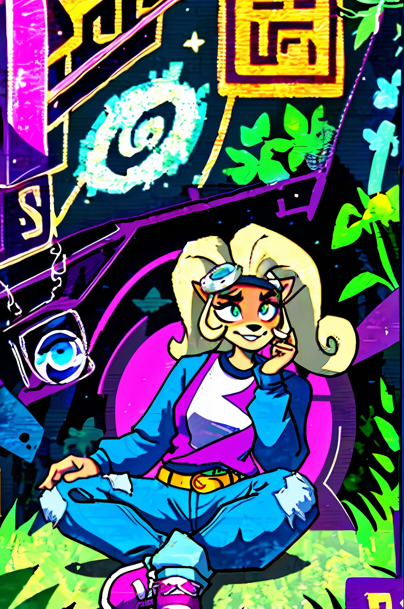 Coco, ((beautiful portrait)), ((detailed line art)), (detailed shading)), {anthro furry girl, cute smile; (white teeth with cute fang), big green eyes, curly blonde ponytail, curly bang, pointed ears, black triangle nose, white tee shirt, blue jeans, pink sneakers}, (sitting crisscross, head resting on left cheek, right hand on knee), [Background; forest setting, tree house, sun rays through tree leaves, daytime]