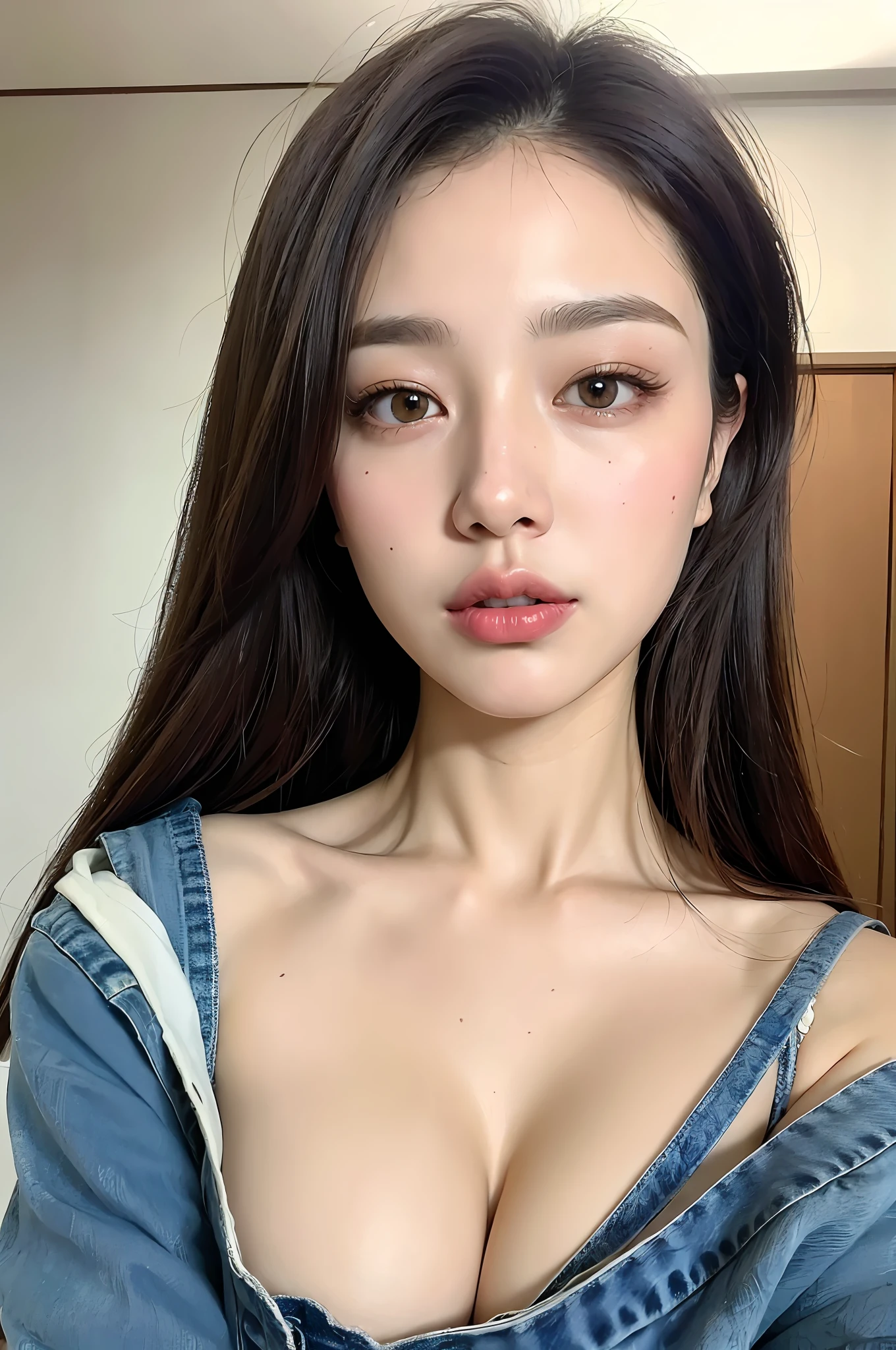 ((Best quality, 8k, Masterpiece :1.3)), 1girl, Pretty woman with emphasizing slender abs :1.3, (random hairstyles, Huge breasts :1.2), Casual outfit :1.2, Indoor, Ultra-detailed face, Detailed eyes, Double eyelid