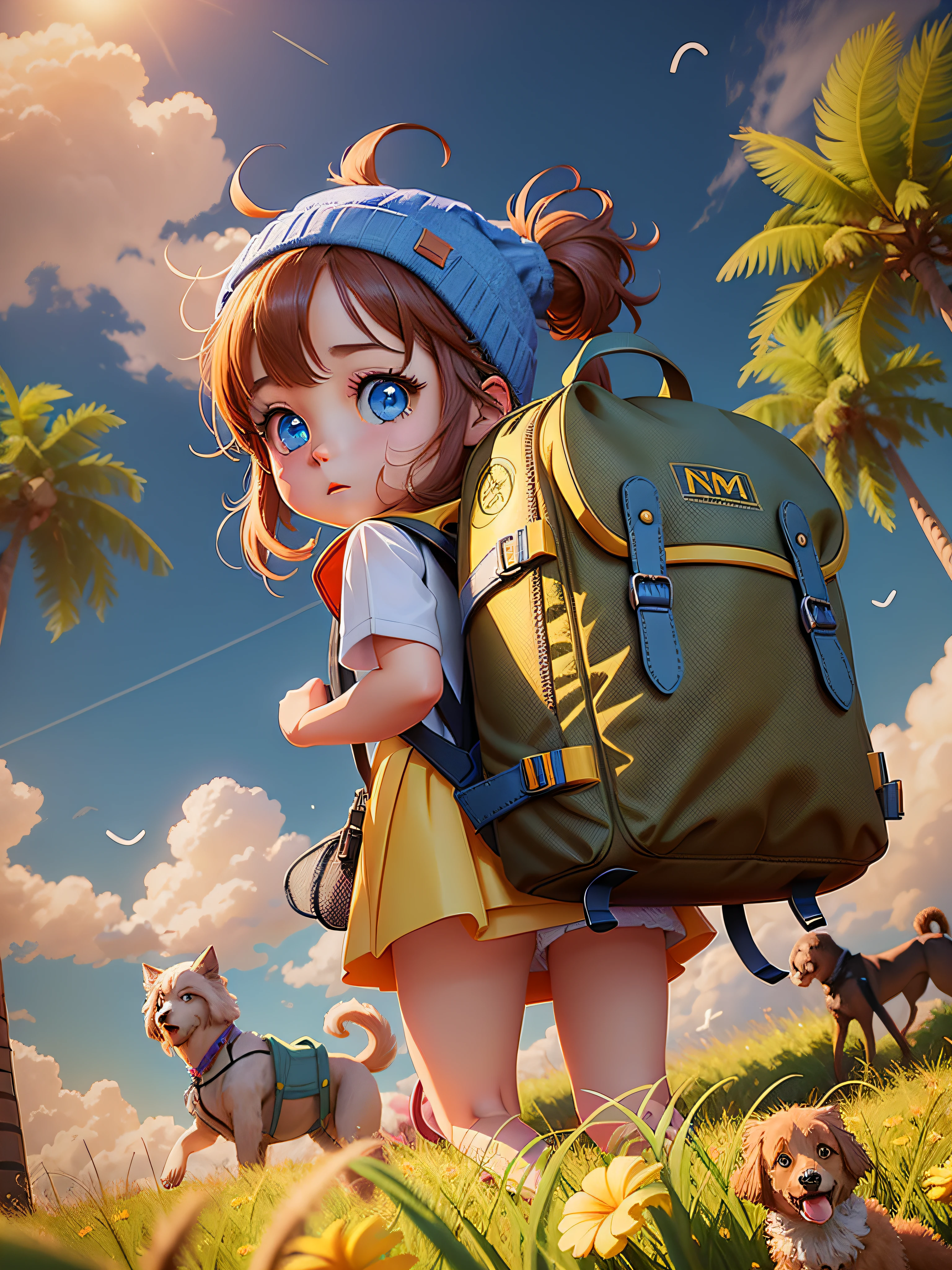 anime girl with a (((yellow backpack))) and (((four dogs in a field of coconut trees))), ((((blue eyes girl)))), (((The girl is wearing a beanie))), cute detailed digital art, adorable digital painting, ((((camera a front of character)))), artwork in the style of guweiz, realistic anime 3 d style, anime styled 3d, render of a cute 3d anime girl, made with anime painter studio, anime style. 8k, childrens art in artstation, anime visual of a cute girl,