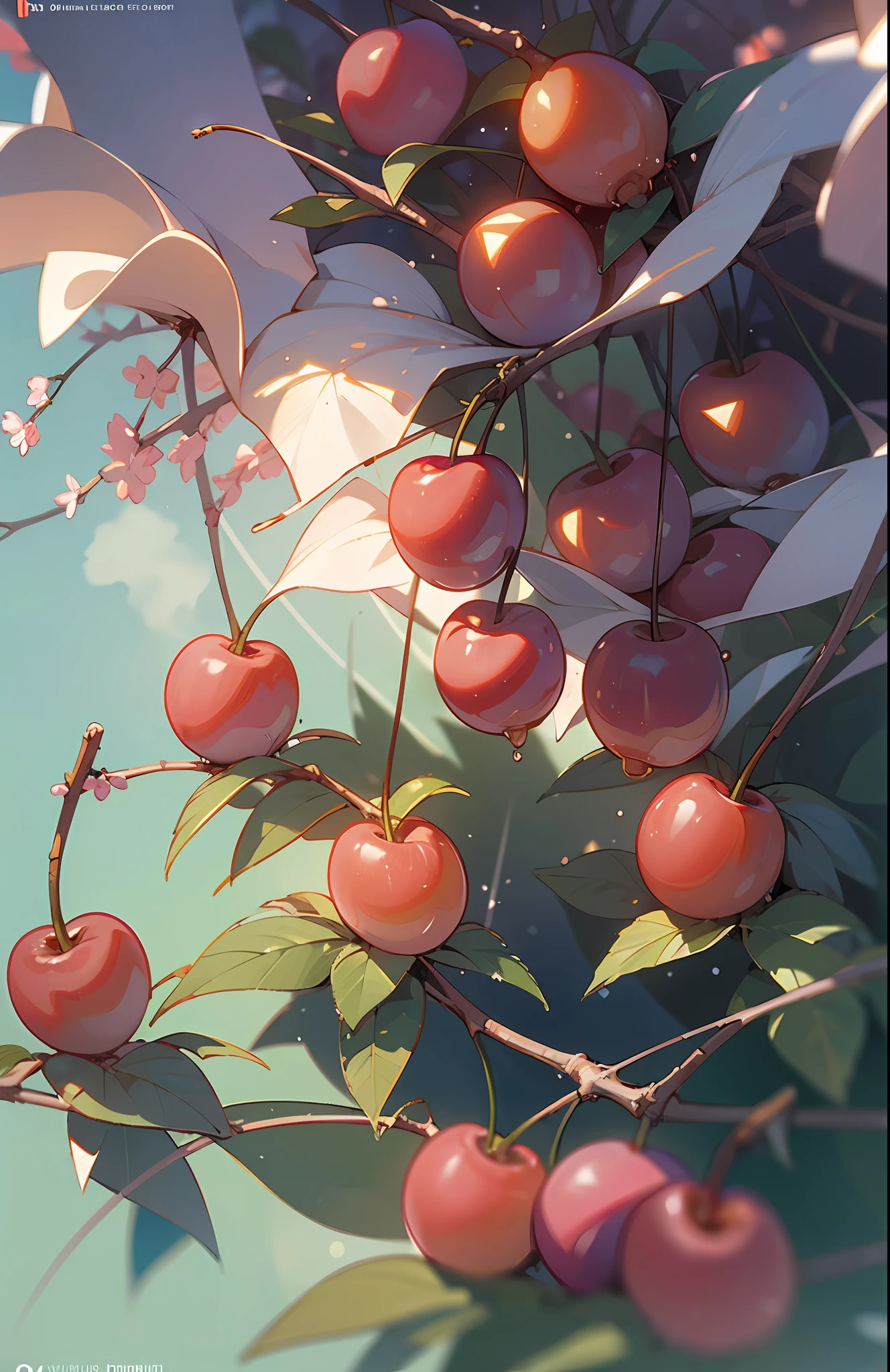 Wallpapers, poster, fruit, several fresh cherries, moist, blue sky, white clouds, HD Detail, Moist Watermark, Ultra Detail, Movie, Hyper Realism, Soft Light, Deep Focus Bokeh, Ray Tracing, --niji 5