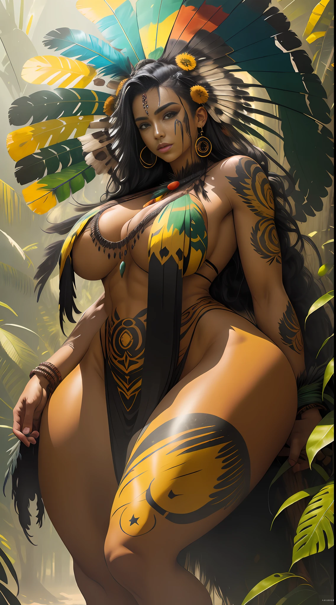 raw, cinematic, realistic, amazing, absurdly detailed, super detailed environment, ultrasharp, particles, vivid colors, Wild Xavante India, tanned skin, no bra, extreme long black hair messes over naked boobs, huge macaw blue parrot feather headdress, big cheeks, long legs, curvy, indigenous yellow and green breast painting, indigenous yellow and green facial painting, huge macaw blue parrot feather necklace, honey eyes, voluminous and floating hair
