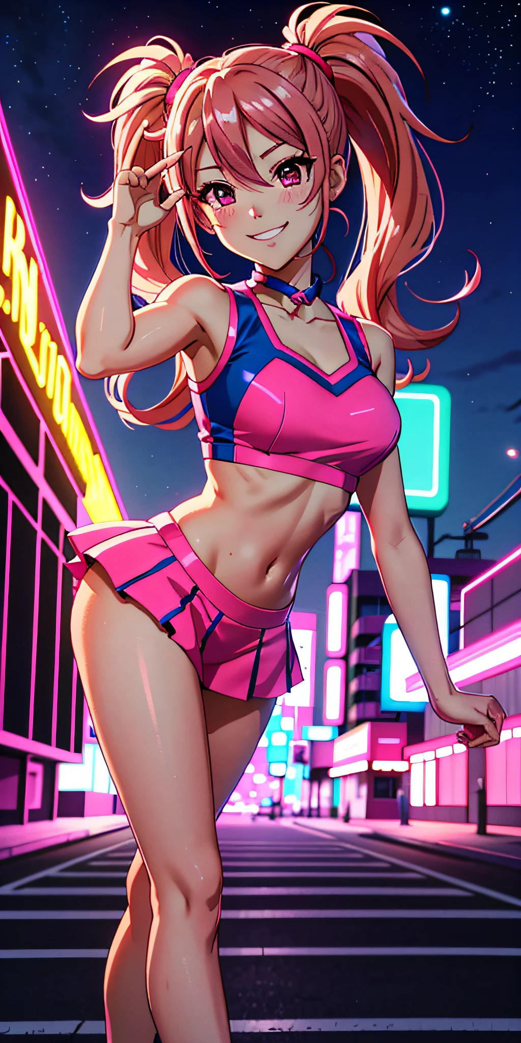 cute synthwave anime girl, long pink hair tied up, cheerleader, neon, winking, happy, smiling, outdoor nighttime,