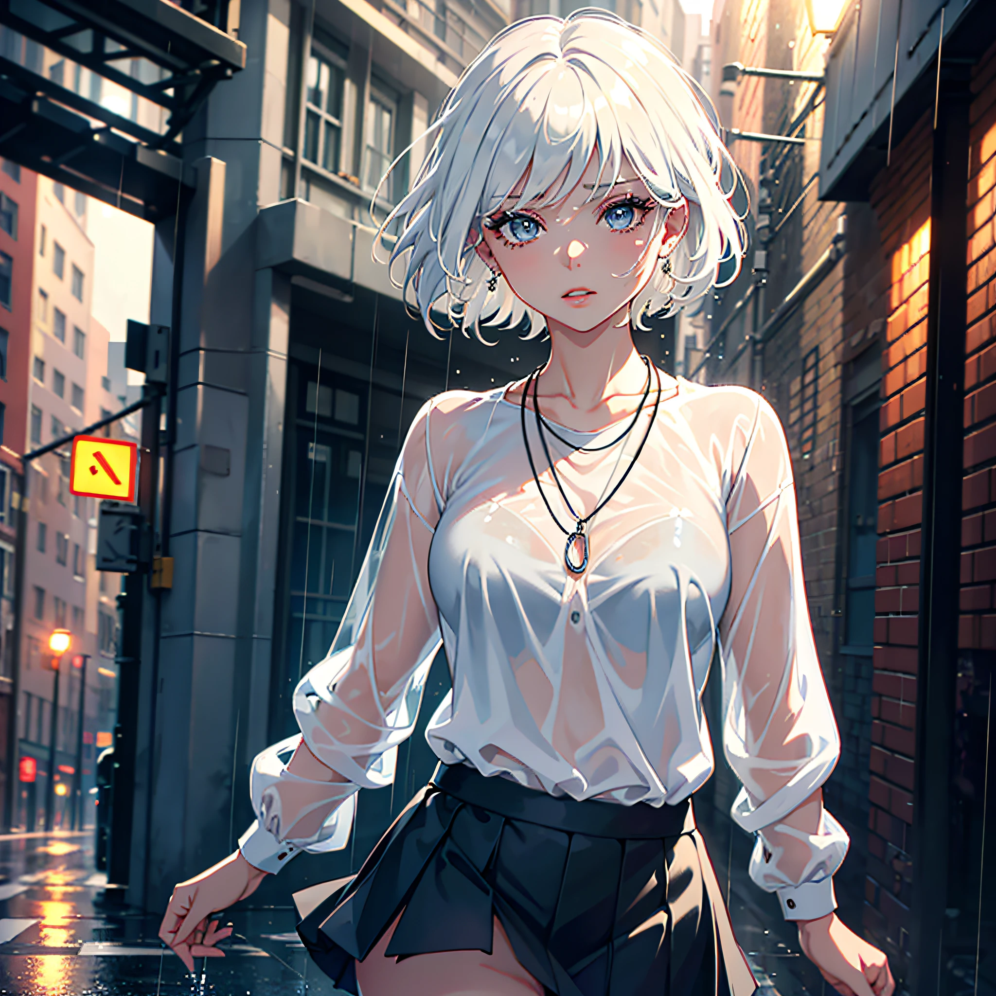 A girl was soaked by the rain and stood in the street. 8K HD picture quality, best picture quality, extreme detail. Short white hair, long eyelashes, lip gloss, transparent white shirt, black miniskirt. Necklace, earrings, transparent flowing, dynamic pose, close-up shot, sunny day.