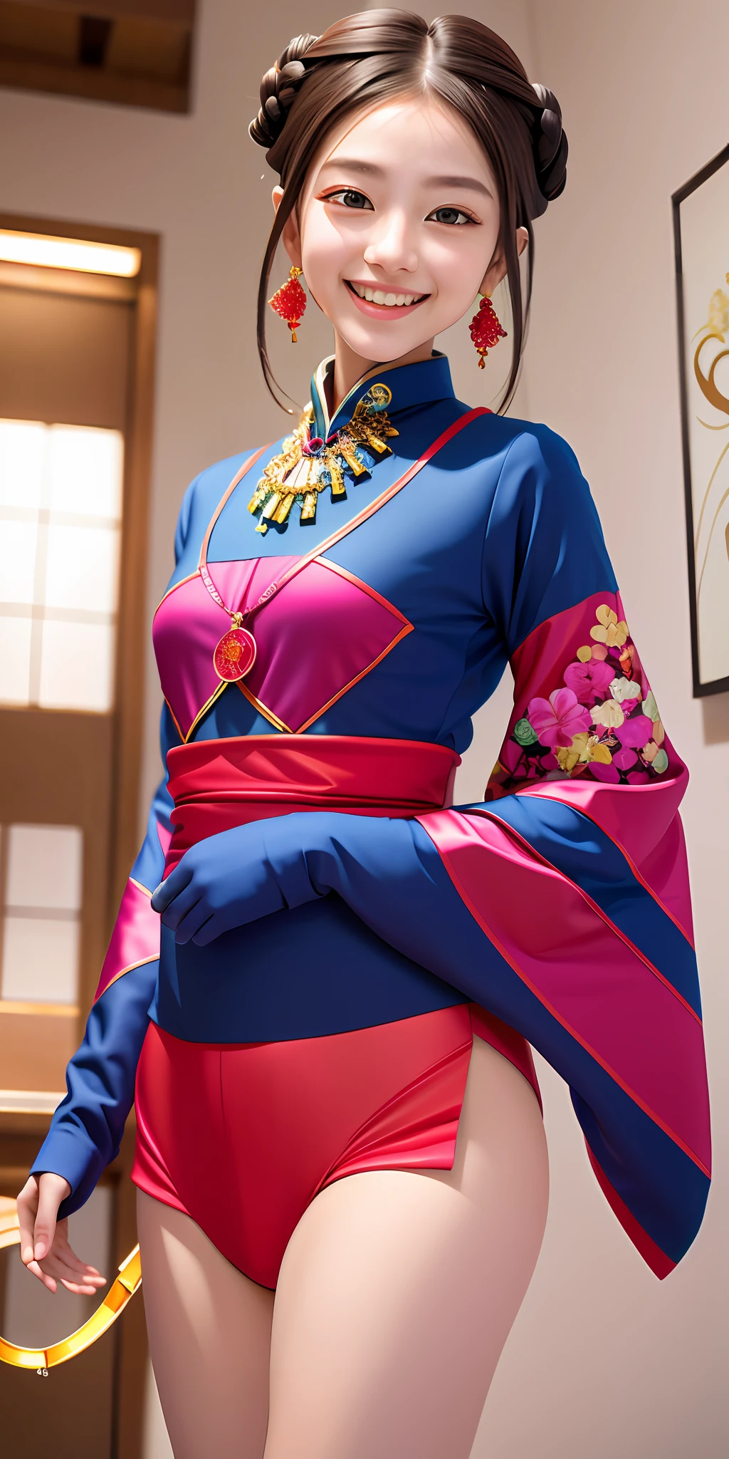 Images that show the beauty of artificial intelligence, such as symbols and circuits that overlap with an impressive palette of vivid and seductive colors. Showing your teeth and smiling, Oiran ,