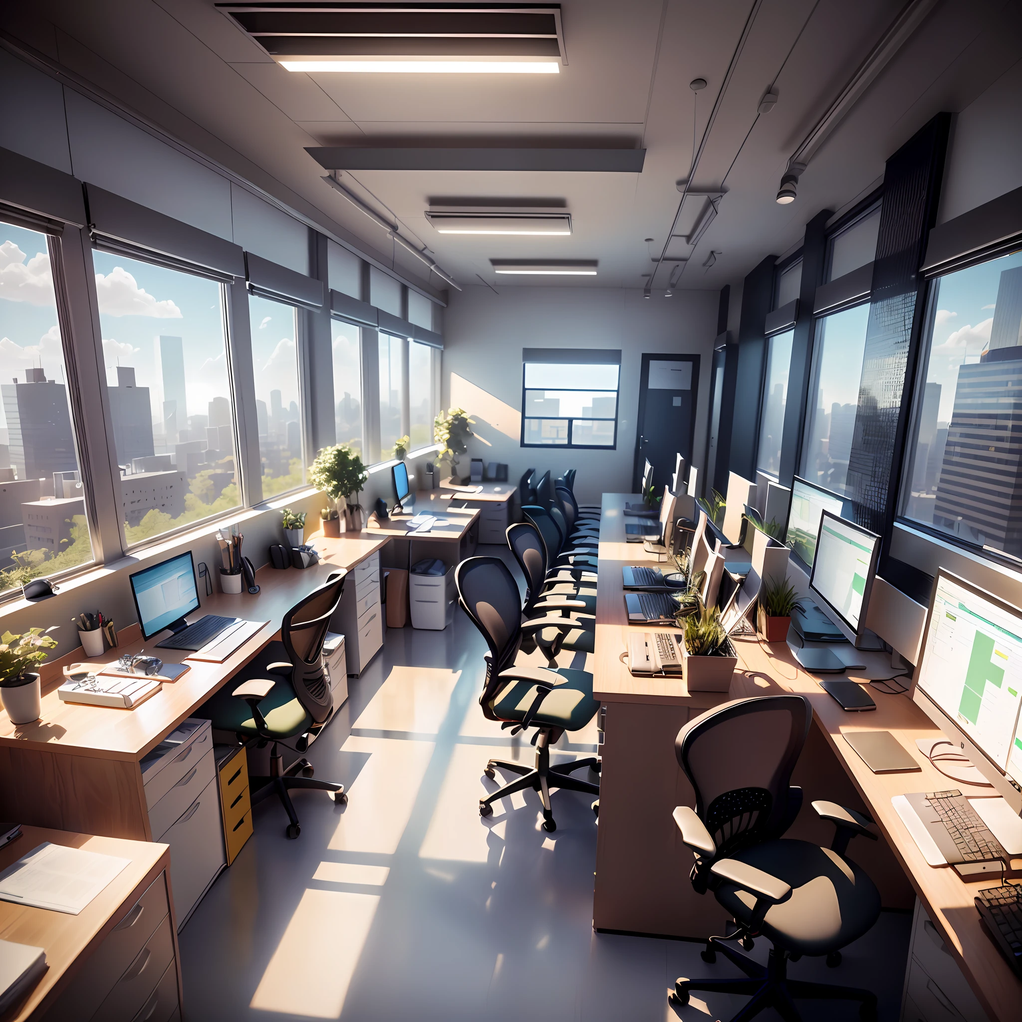 there are many computers and desks in this office with a view of the city, modern office, offices, office room interior, endless empty office building, empty office, in a open-space working space, office interior, highly detailed render, artstation hq”, corner office background, office background, rendered in lumion pro, rendered in lumion, set inside of office