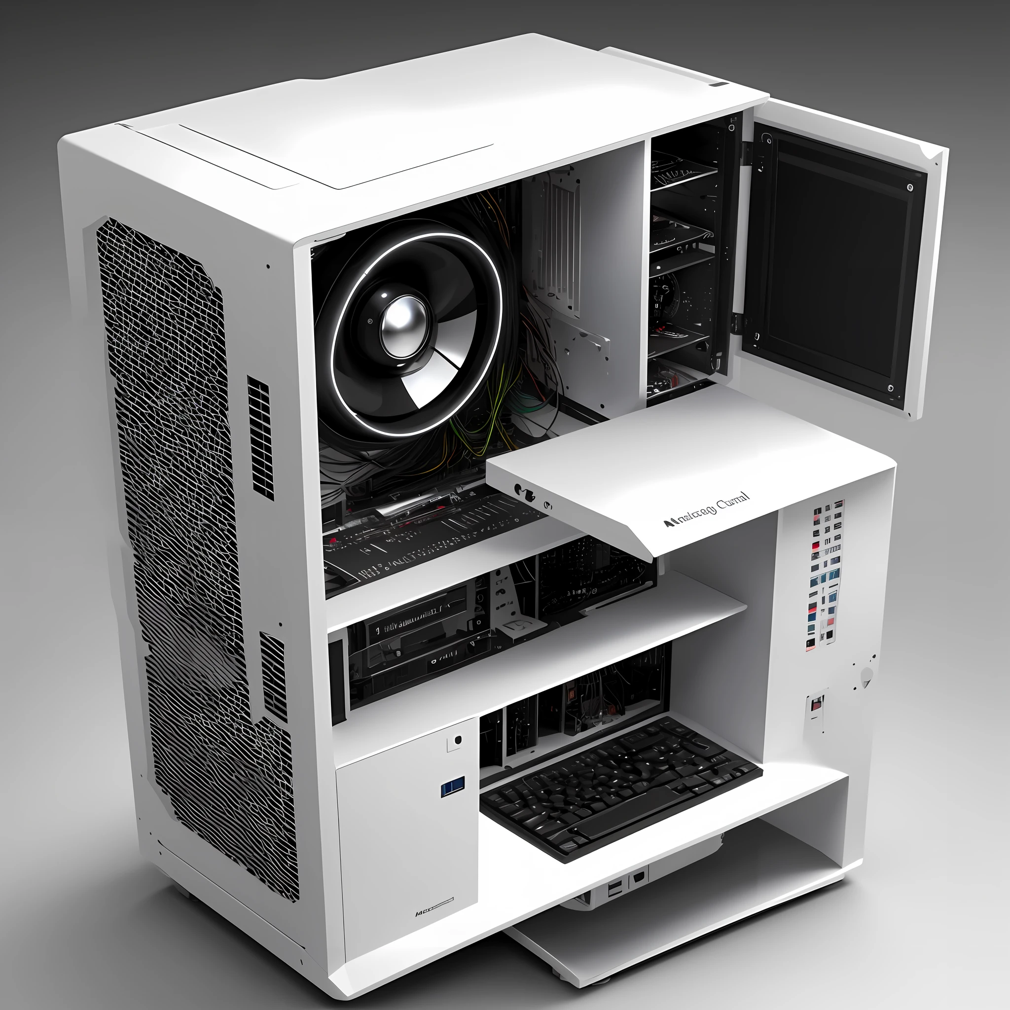 A realistic model of a computer art , background white with shiny texture look futuristic