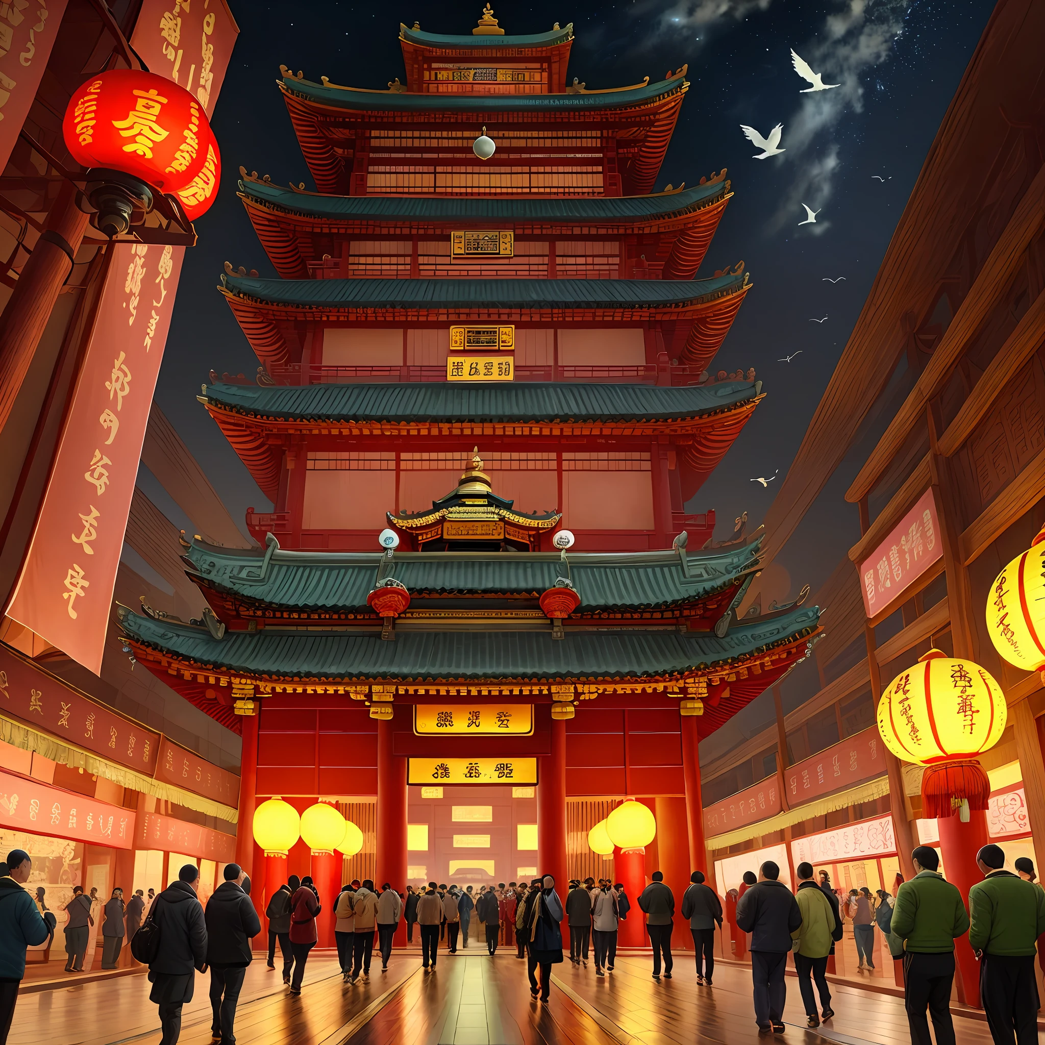 Hanshan Temple outside Gusu City, midnight bell to passenger ship, excellent products, masterpieces, illustrations, wallpaper, absurdity, bird's-eye view, bird's-eye view, two-dimensional comic comics, comics