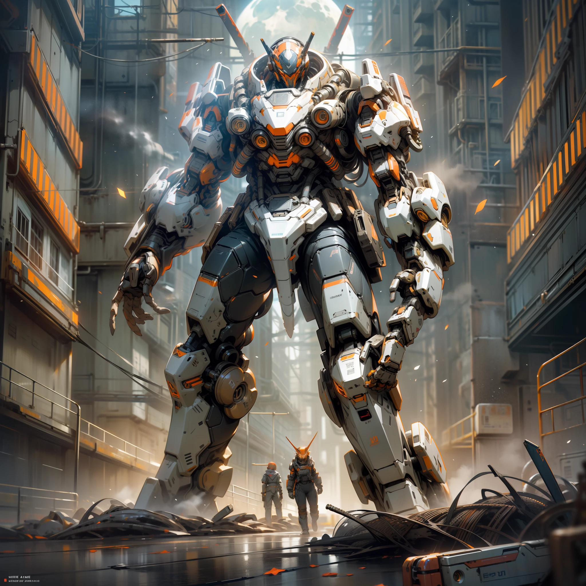 On the moon, barren planet, ruins, holding weapons, no humans, glowing, robot, building, glowing eyes, orange mech, science fiction, city, reality, mecha, galaxy background, full body, neon, cyber Punk, 8K wallpapers, ultra-detailed artwork, cinematic lighting, realistic photos, Dark_Fantasy, Cyberpunk, (chain saw, chain saw man, Red: 1.1), 1man, Mechanical marvel, Robotic presence, Cybernetic guardian, wearing a worn-out machine armor suit, intricate, (steel metal [rust]), elegant, sharp focus, photographed by greg rutkowski, soft lighting, vibrant colors, masterpiece, ((street)), cowboy shot, dynamic pose, --auto --s2