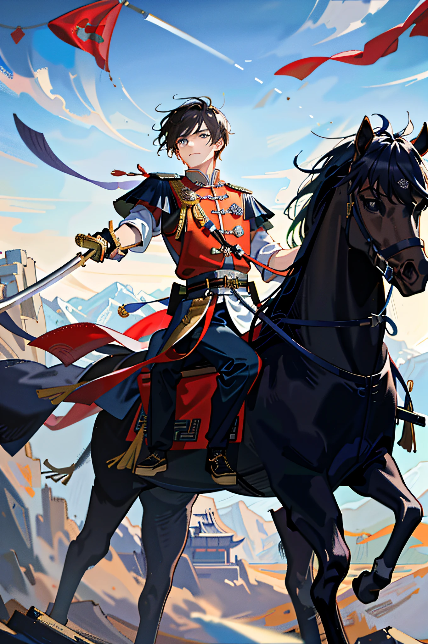 A sharp-eyed 20-year-old boy holding a sword, 8k resolution, high detail, correct anatomy, clear images, digital painting, concept art, the background is a battlefield, and several flags are upside down on the battlefield. emperor tang dynasty reform prosperity war candidate picture military action stability Chinese history.