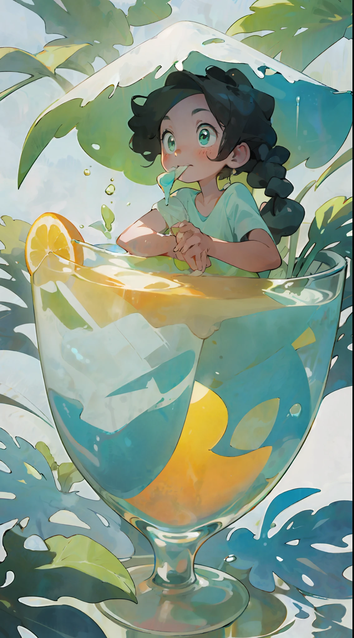 A  sits in a glass, happily tasting ice cream, cool liquid, sunlight, shade, summer, turquoise
