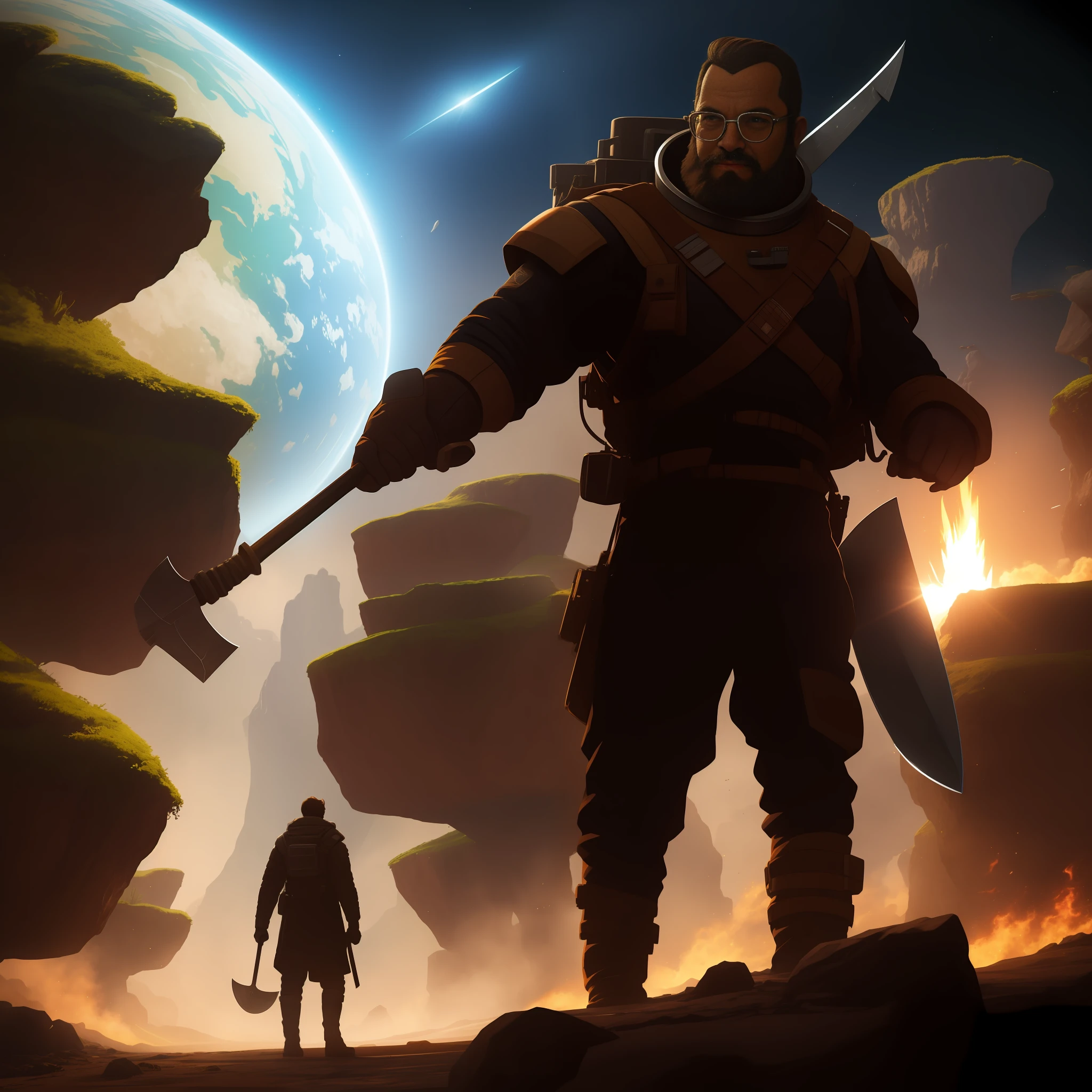 On the interstellar planet, a man with glasses and a giant axe in his hand, Nix animation
